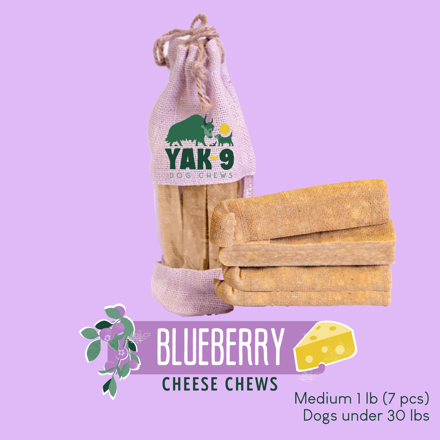 Blueberry Cheese Chews for Dogs Medium (2.3oz) 1 lb BLUEBERRY YAK CHEWS Yak9 Chews