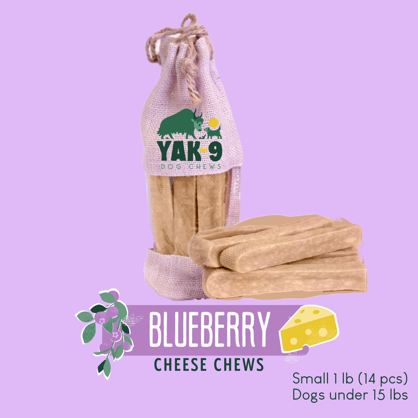 Blueberry Cheese Chews for Dogs Small (1.1oz) 1 lb BLUEBERRY YAK CHEWS Yak9 Chews
