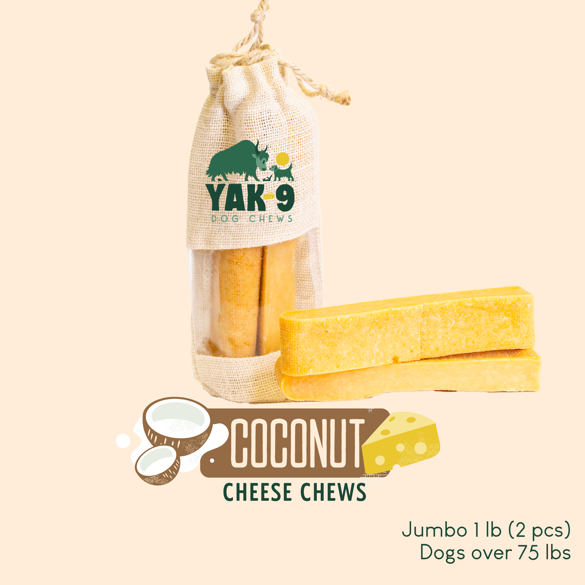 Coconut Cheese Chews for Dogs Jumbo (8oz) 1 lb COCONUT YAK CHEWS Yak9 Chews