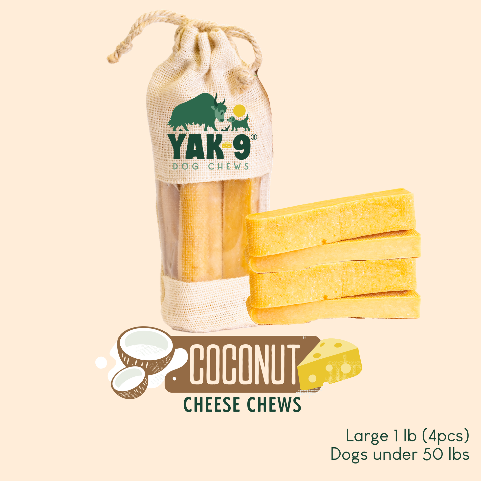 Coconut Cheese Chews for Dogs Large (4oz) 1 lb COCONUT YAK CHEWS Yak9 Chews