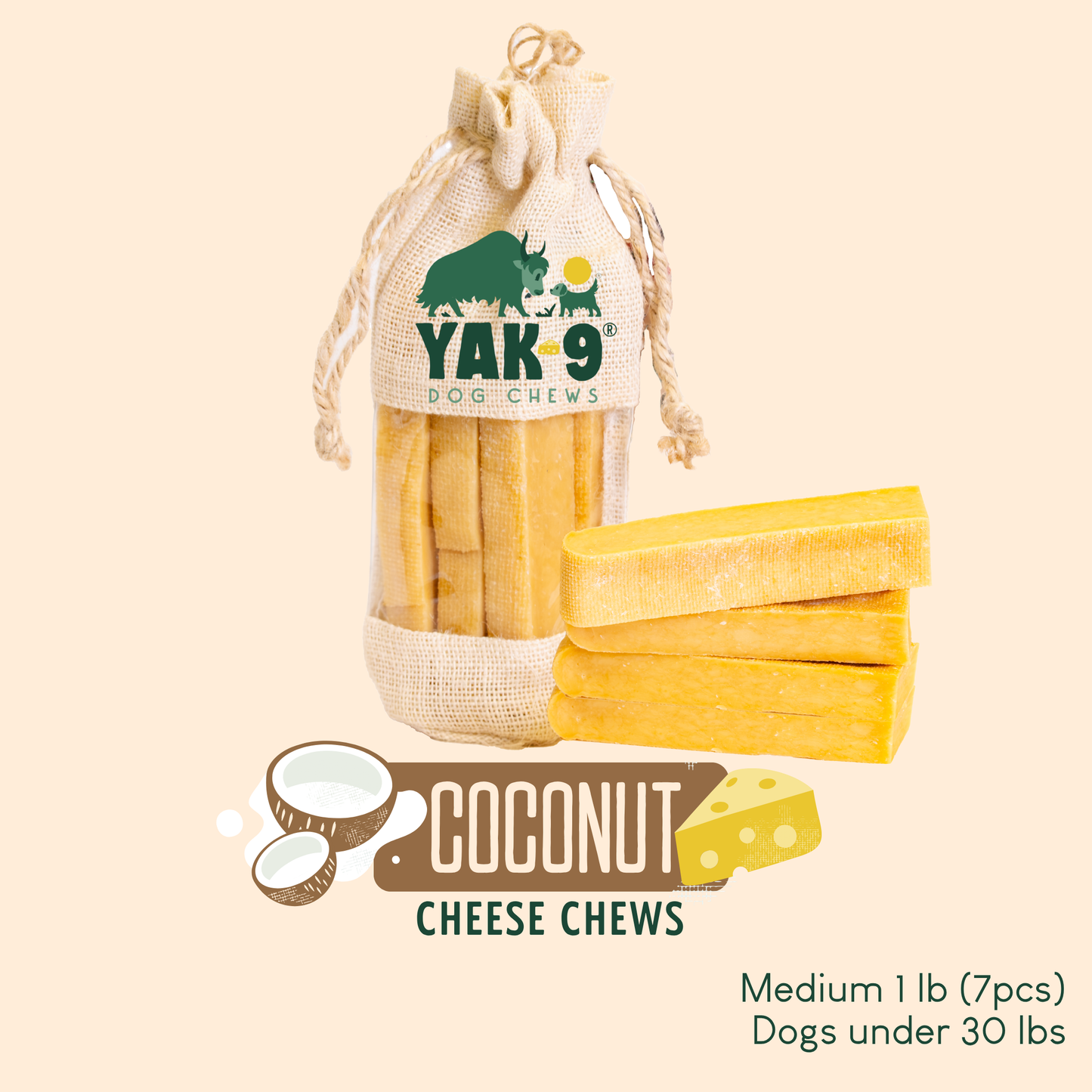 Coconut Cheese Chews for Dogs Medium (2.3oz) 1 lb COCONUT YAK CHEWS Yak9 Chews