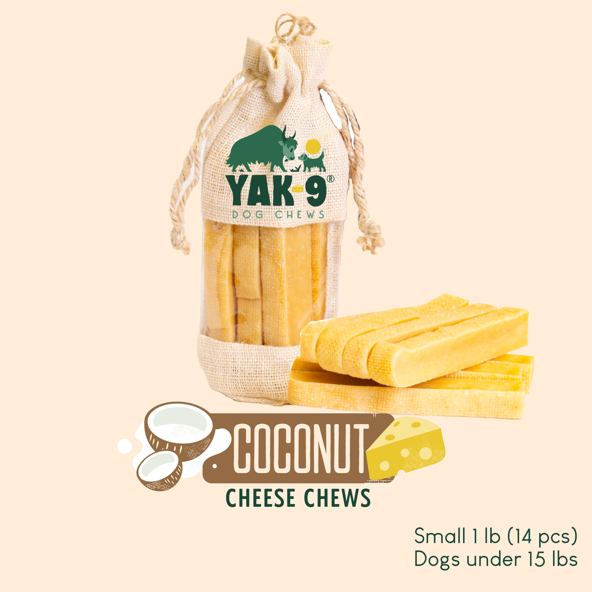 Coconut Cheese Chews for Dogs Small (1.1oz) 1 lb COCONUT YAK CHEWS Yak9 Chews