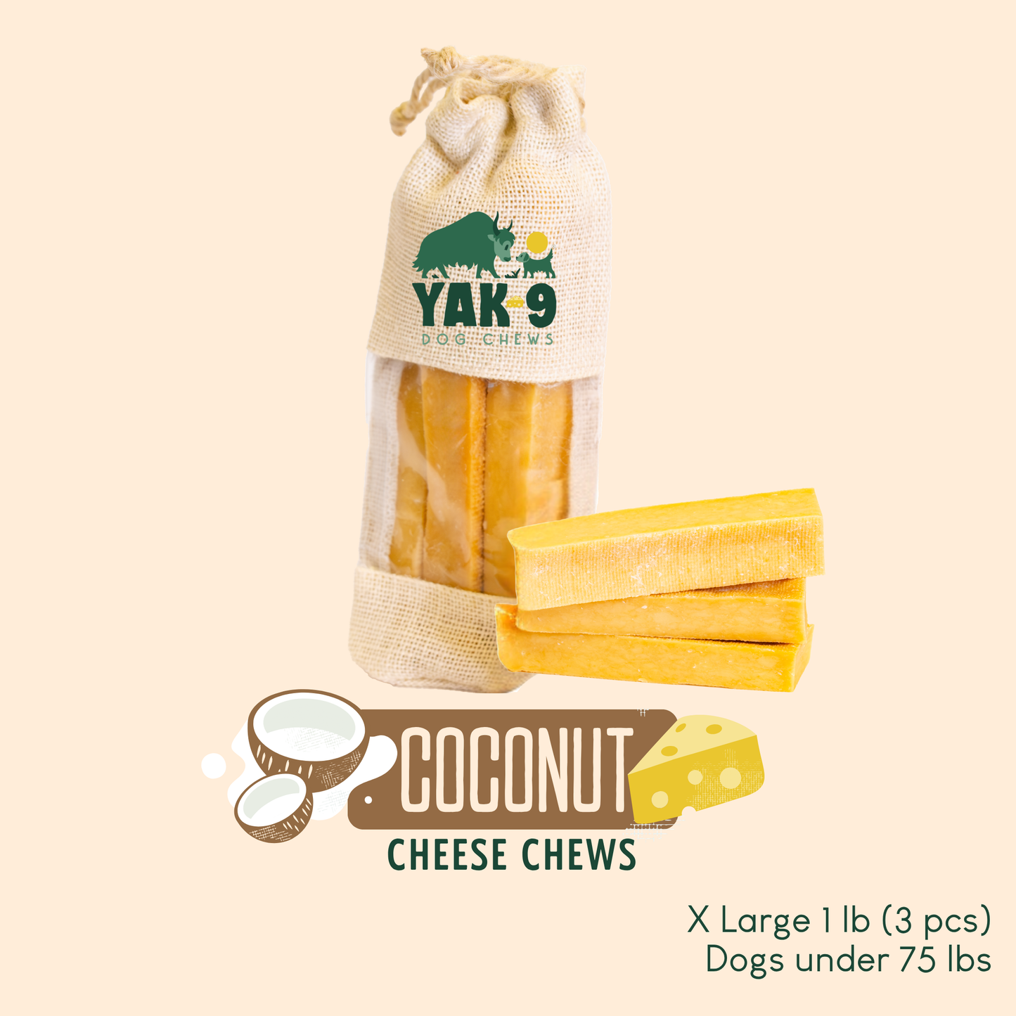 Coconut Cheese Chews for Dogs XLarge (6oz) 1 lb COCONUT YAK CHEWS Yak9 Chews