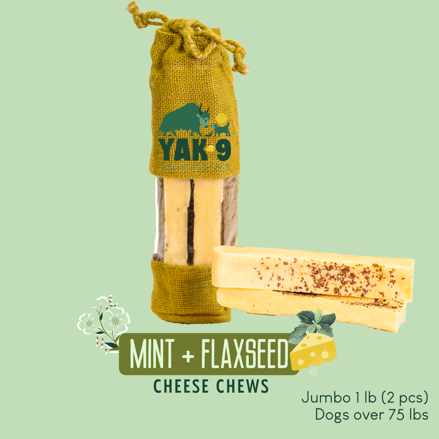 Flaxseed & Mint Cheese Chews for Dogs Jumbo (8oz) 1 pound FLAXSEED YAK CHEWS Yak9 Chews