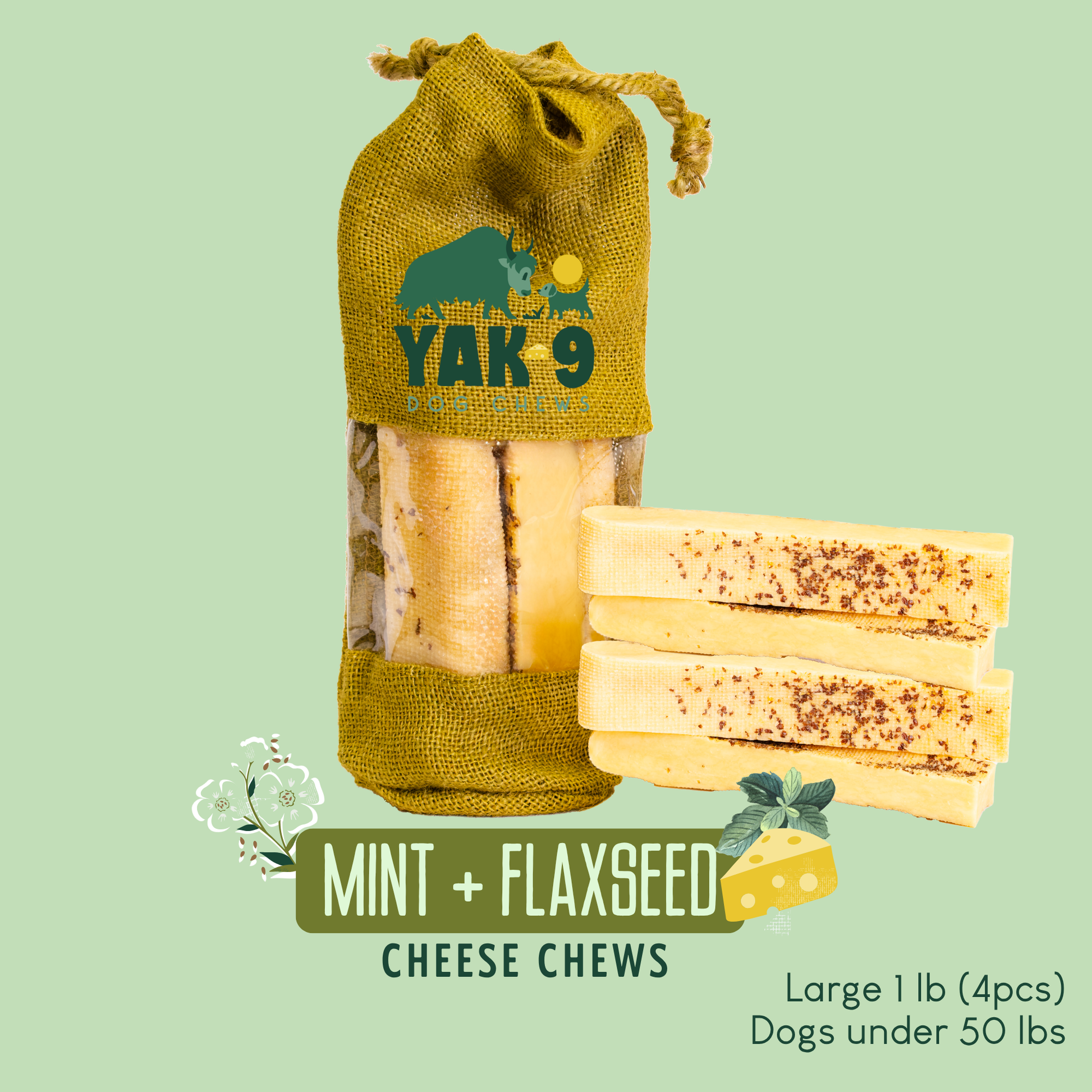 Flaxseed & Mint Cheese Chews for Dogs Large (4oz) 1 pound FLAXSEED YAK CHEWS Yak9 Chews