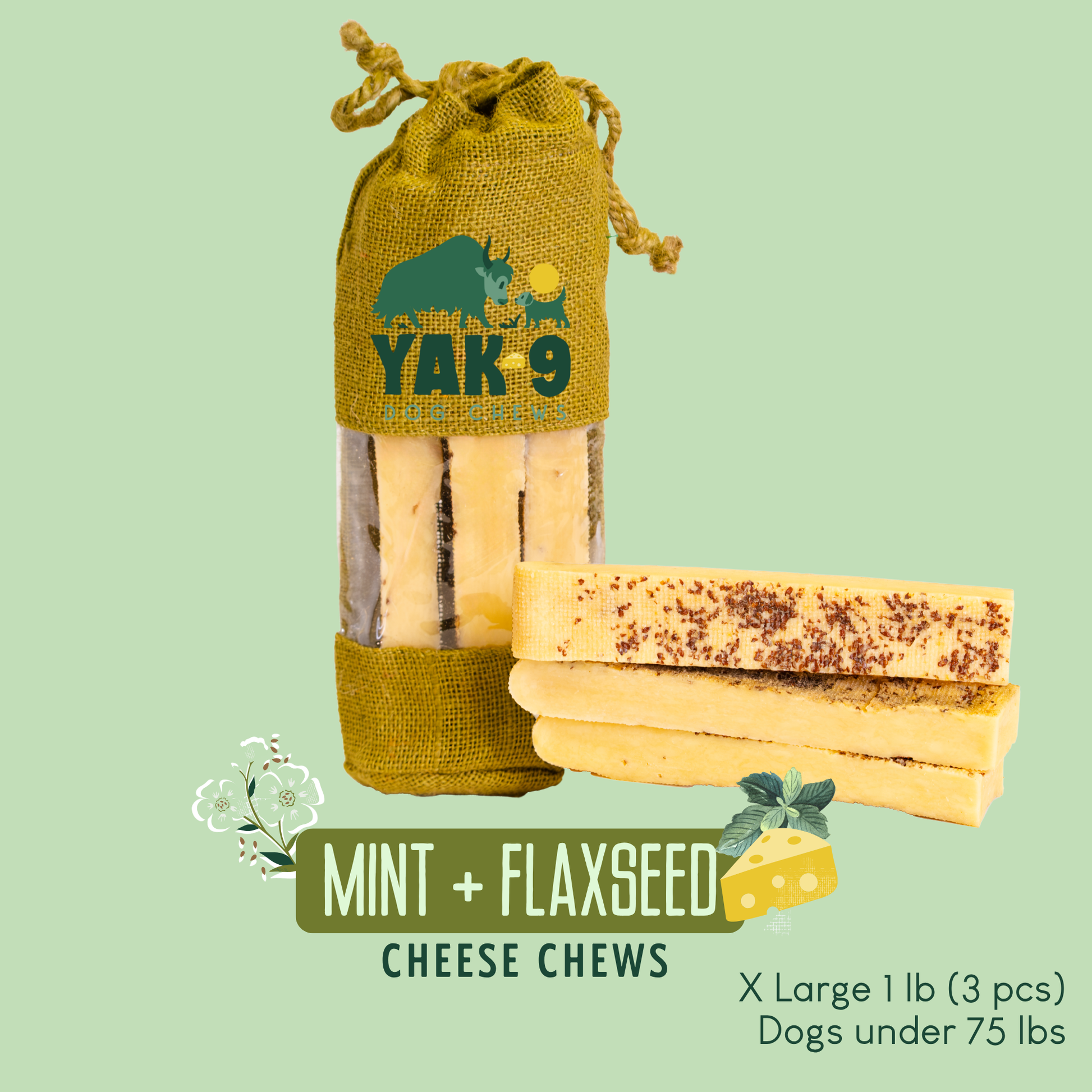 Flaxseed & Mint Cheese Chews for Dogs XLarge (6oz) 1 pound FLAXSEED YAK CHEWS Yak9 Chews