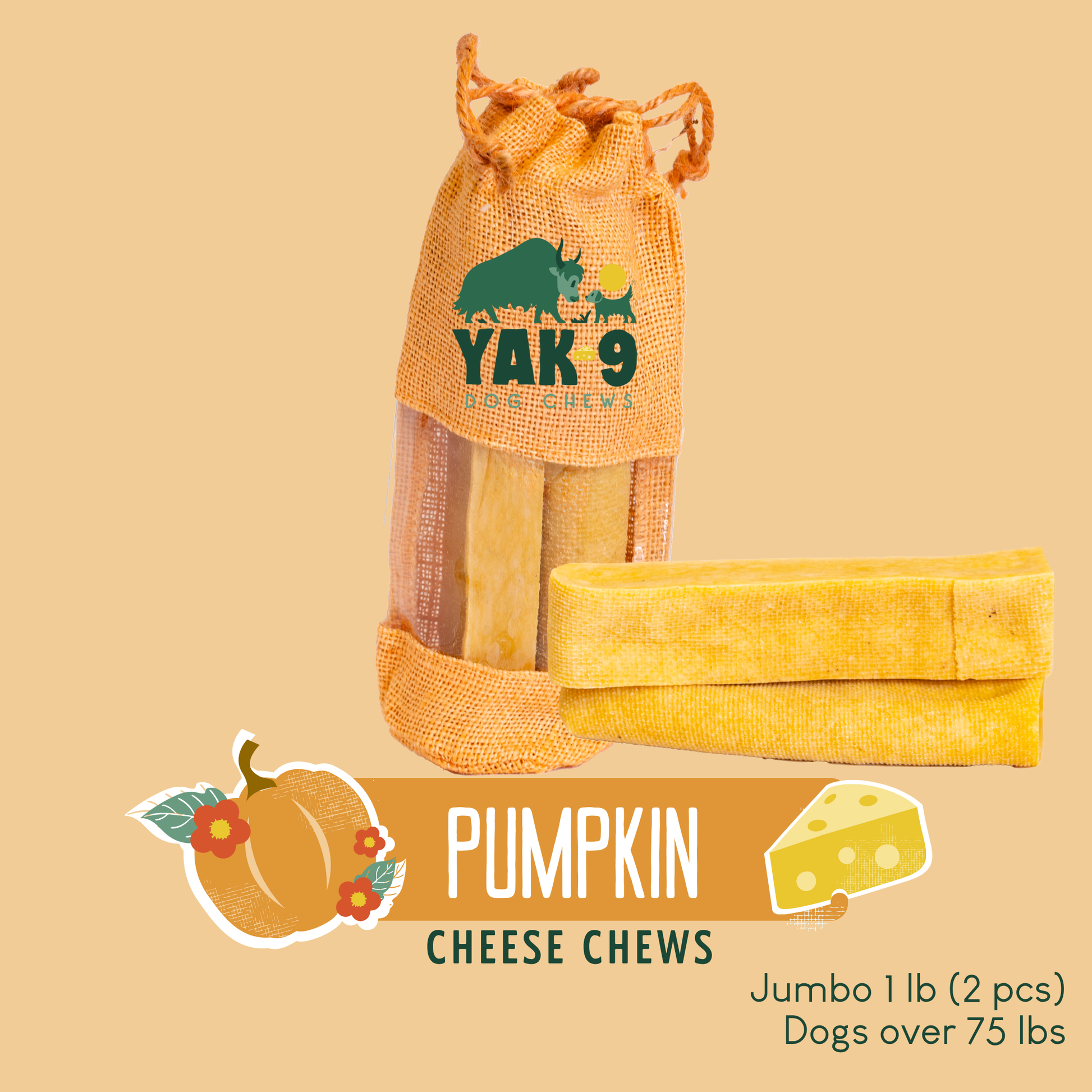 Pumpkin Cheese Chews for Dogs Jumbo (8oz) 1 lb PUMPKIN YAK CHEWS Yak9 Chews