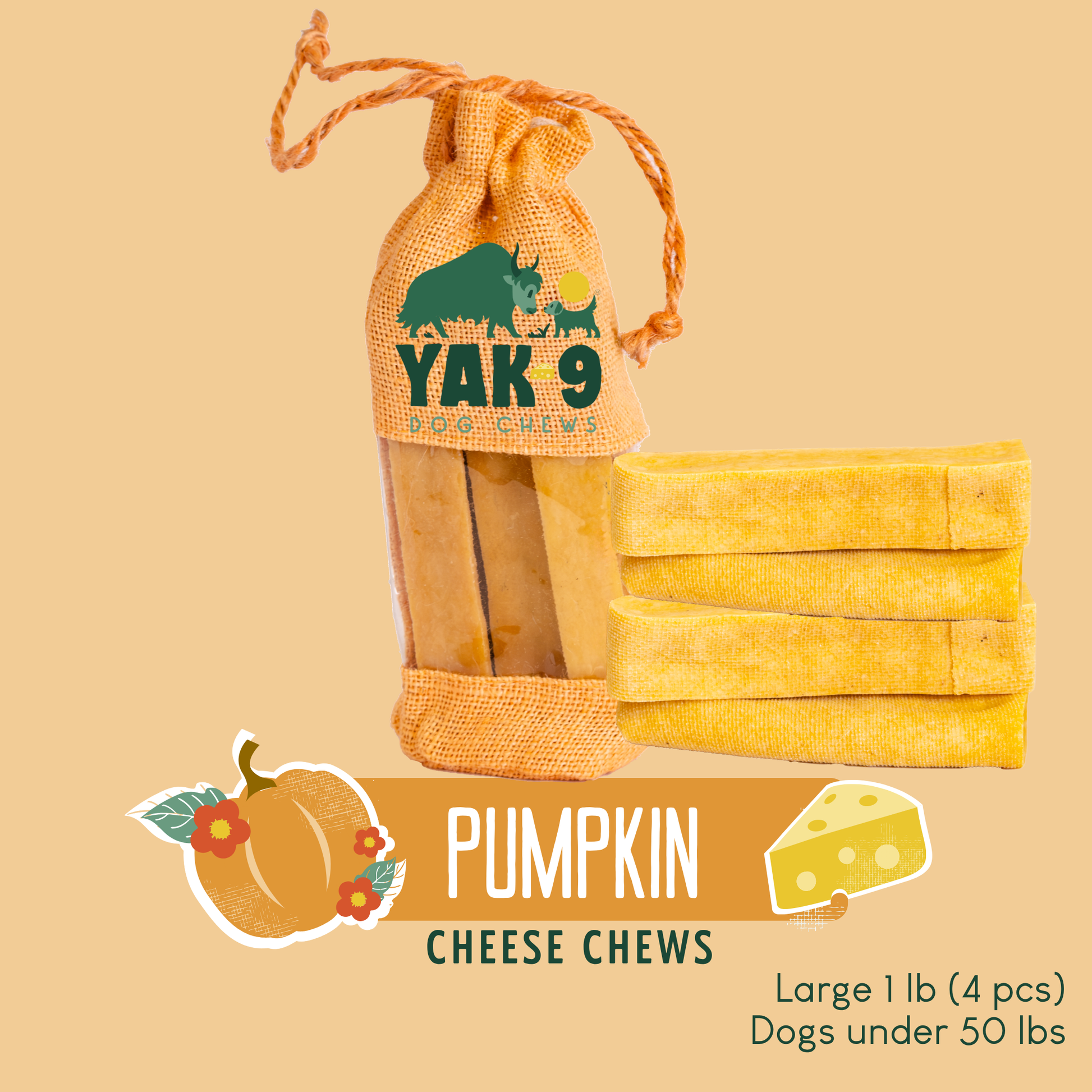 Pumpkin Cheese Chews for Dogs Large (4oz) PUMPKIN YAK CHEWS Yak9 Chews
