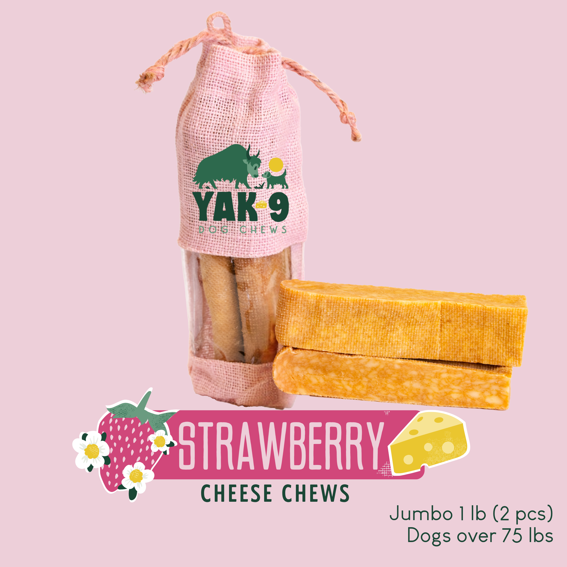 Strawberry Cheese Chews for Dogs Jumbo (8oz) 5 lb STRAWBERRY YAK CHEESE CHEWS Yak9 Chews
