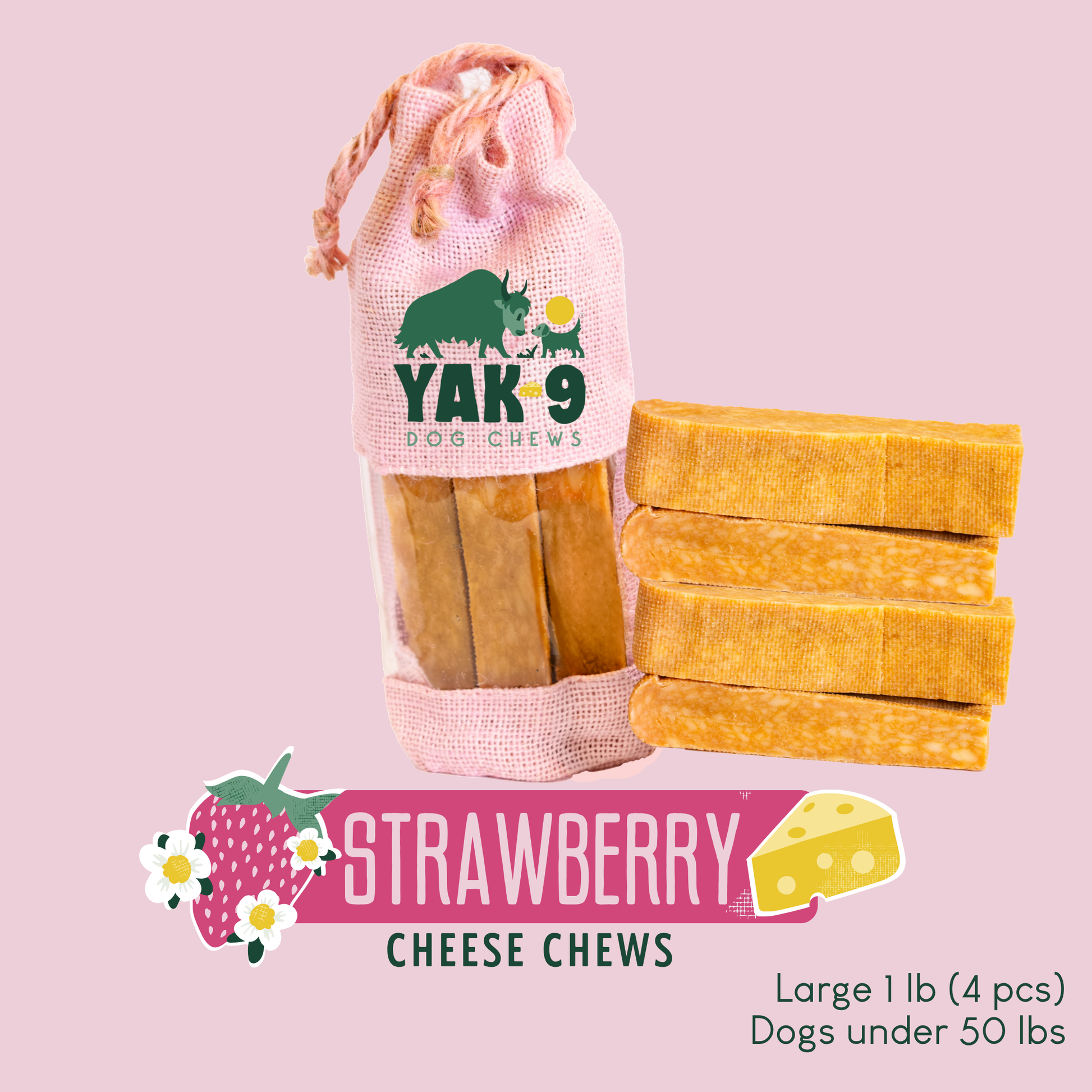 Strawberry Cheese Chews for Dogs Large (4oz) 1 lb STRAWBERRY YAK CHEESE CHEWS Yak9 Chews