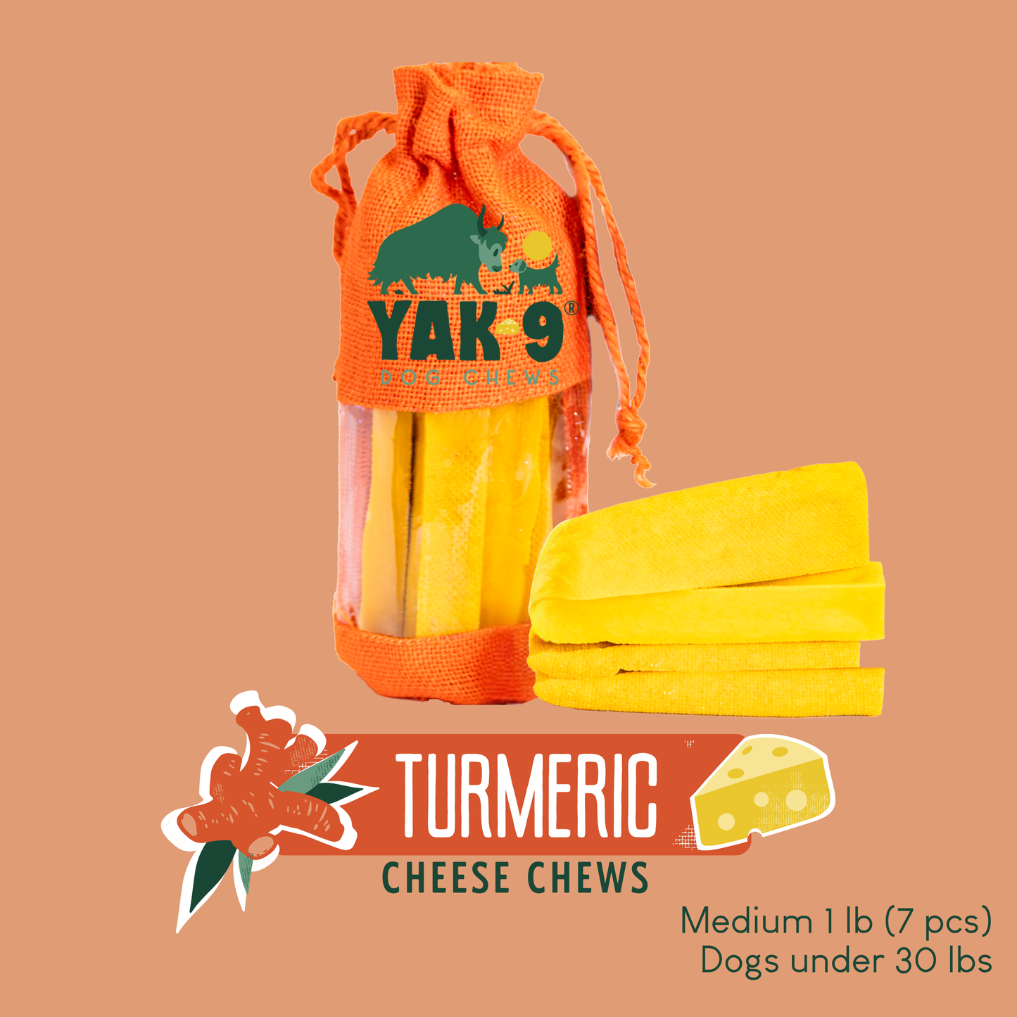 Turmeric Cheese Chews for Dogs Medium (2.3oz) 1 lb TURMERIC YAK CHEWS Yak9 Chews