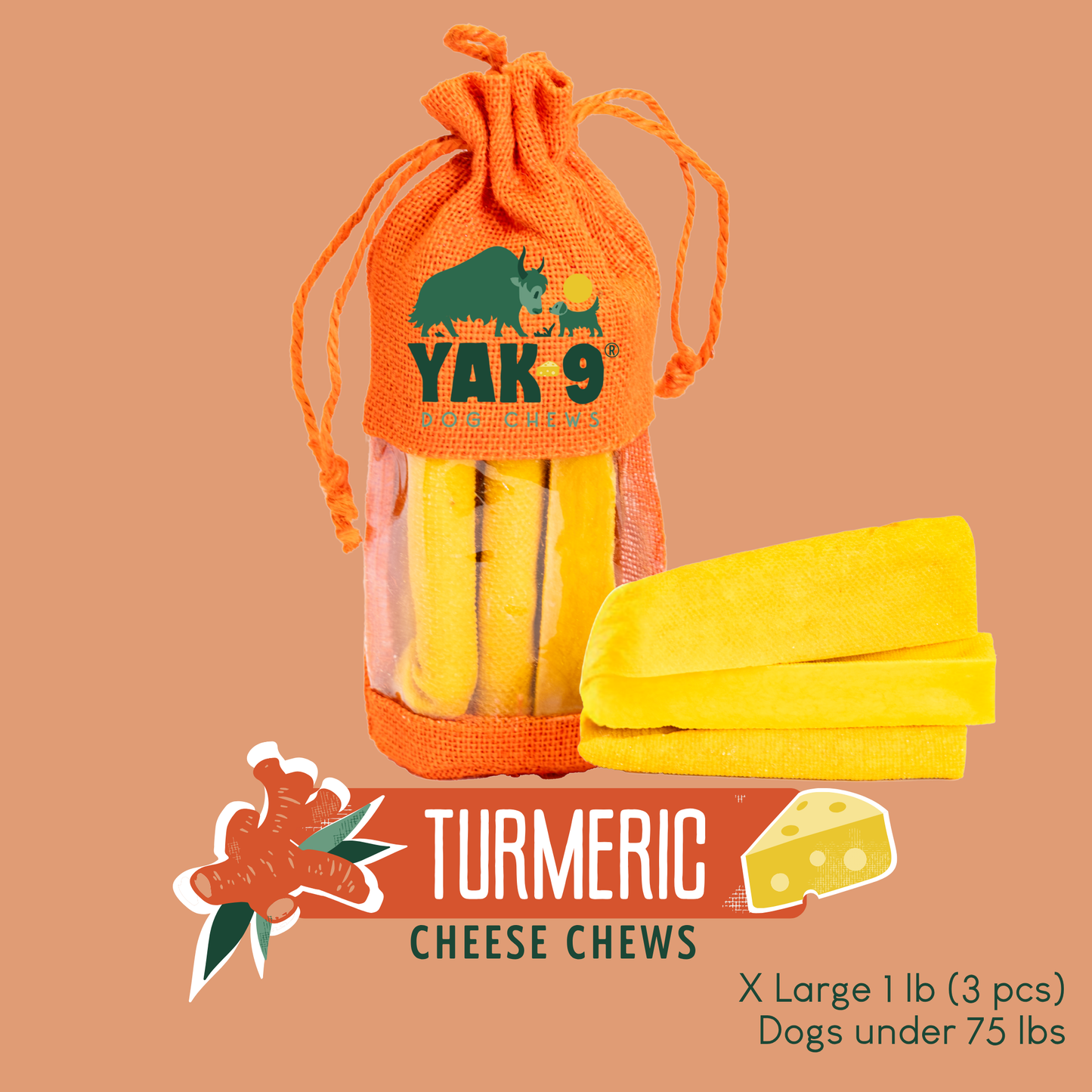 Turmeric Cheese Chews for Dogs XLarge (6oz) 1 lb TURMERIC YAK CHEWS Yak9 Chews
