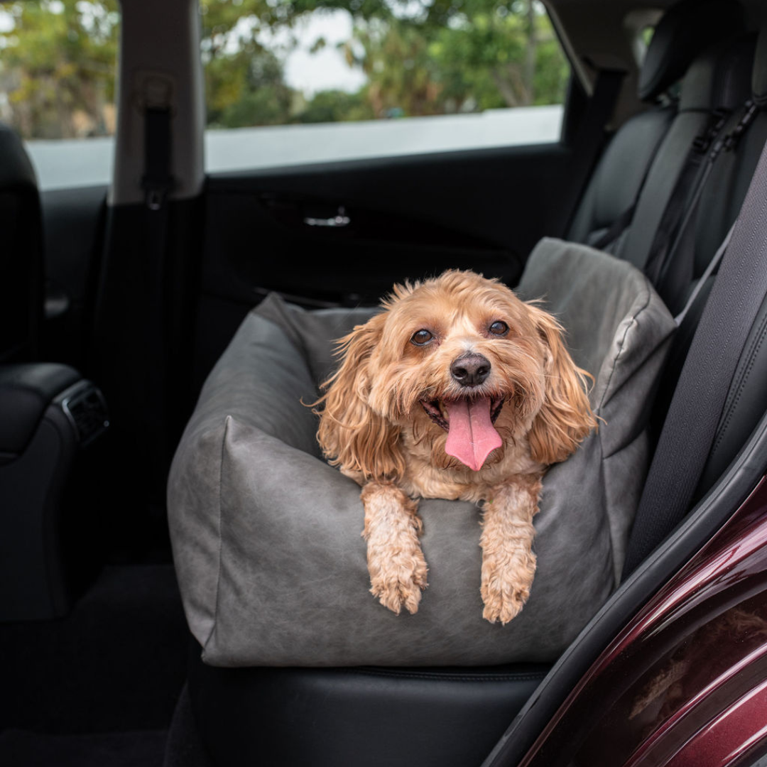 PupProtector™ Faux Cool-to-Touch Vegan Leather Memory Foam Dog Car Bed - Slate Gray Travel Paw.com