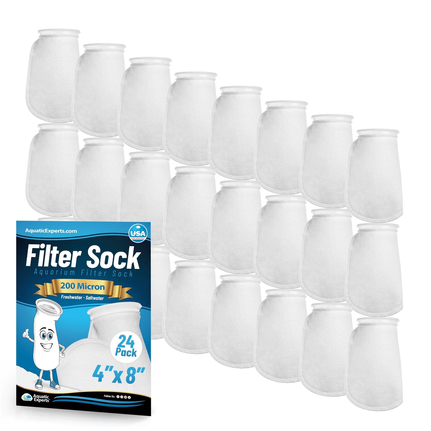 Aquatic Experts 4" Ring Aquarium Filter Sock 200 Micron for Saltwater & Reef Aquariums 8" 24 Pack Aquatic Experts