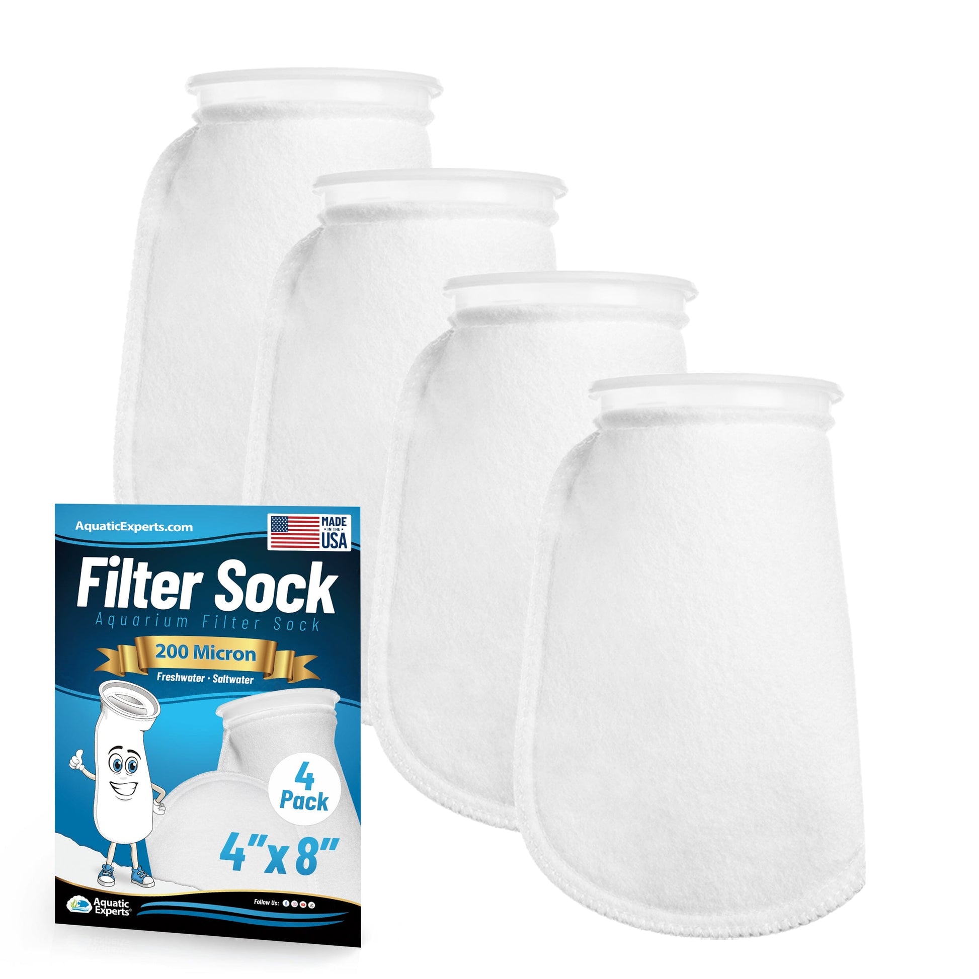 Aquatic Experts 4" Ring Aquarium Filter Sock 200 Micron for Saltwater & Reef Aquariums 8" 4 Pack Aquatic Experts