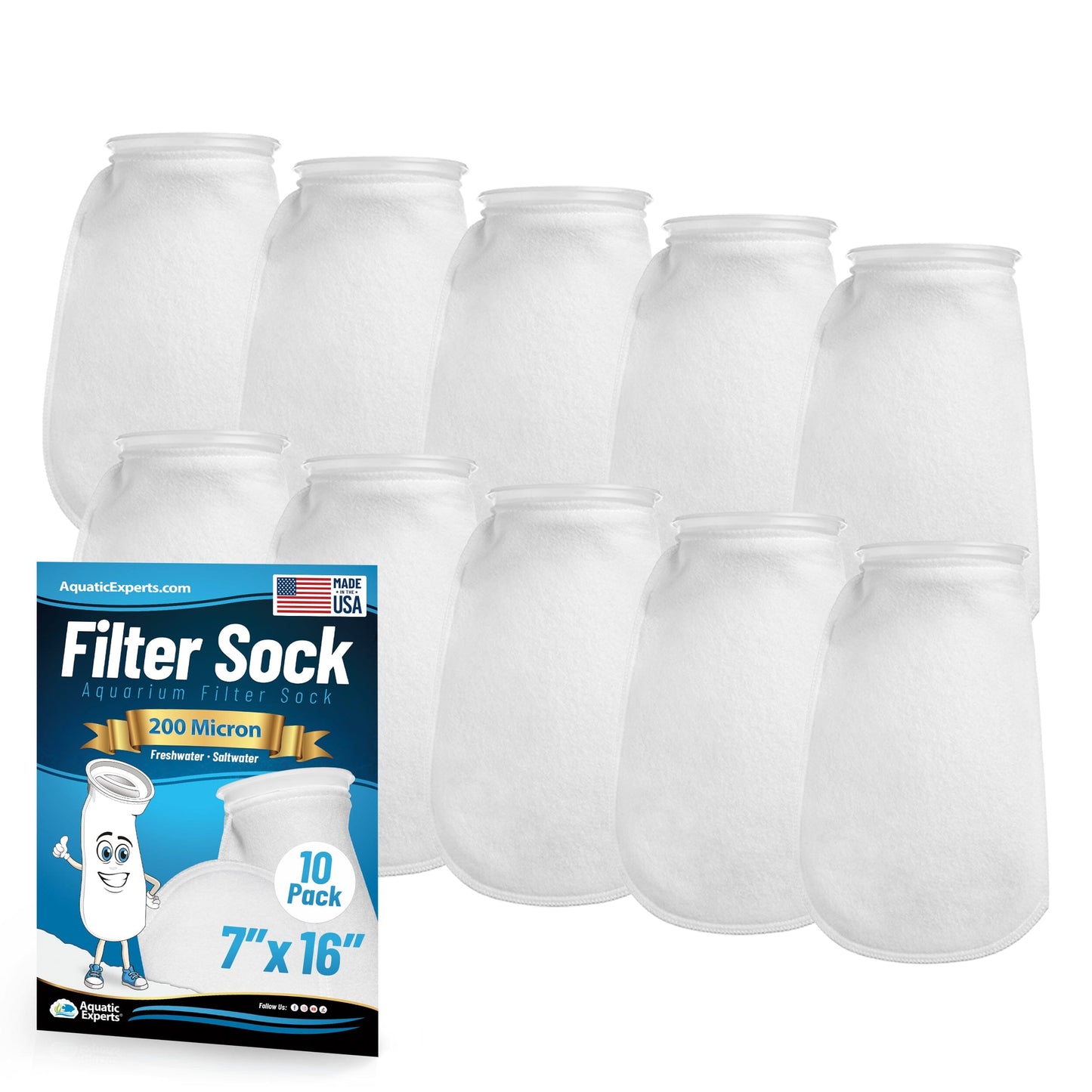 Aquatic Experts 7" Ring Aquarium Filter Sock 200 Micron for Saltwater & Reef Aquariums 16" 10 Pack Aquatic Experts