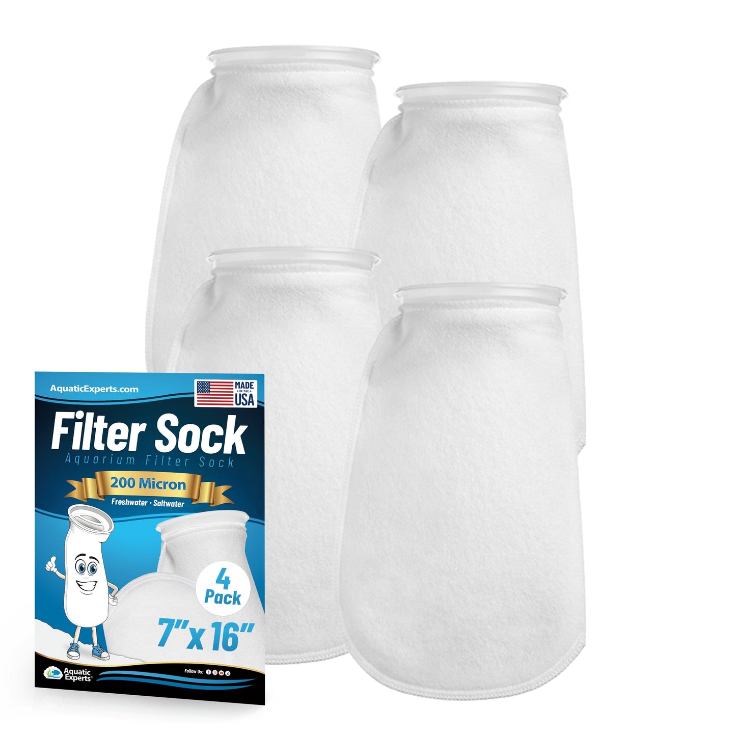 Aquatic Experts 7" Ring Aquarium Filter Sock 200 Micron for Saltwater & Reef Aquariums 16" 4 Pack Aquatic Experts