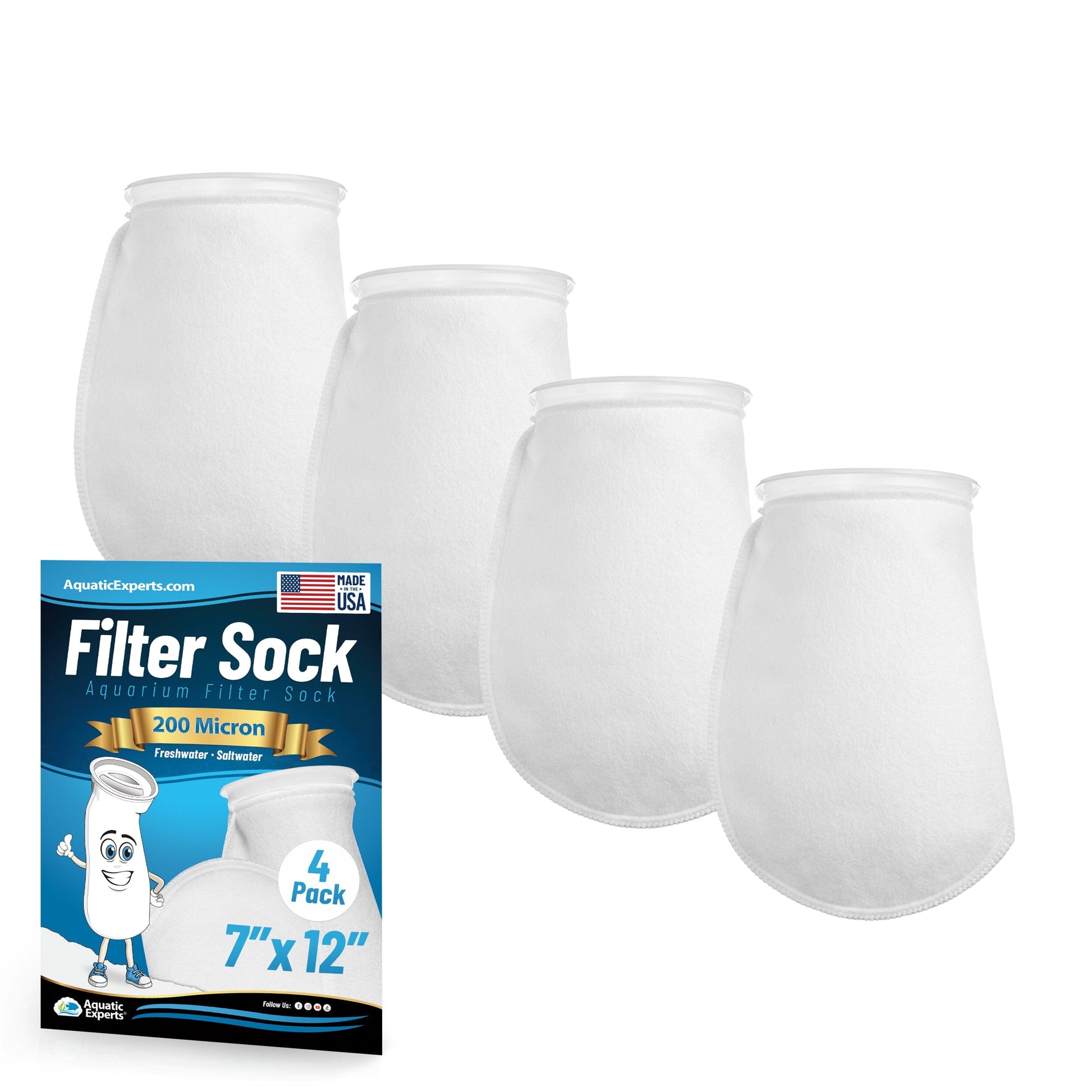 Aquatic Experts 7" Ring Aquarium Filter Sock 200 Micron for Saltwater & Reef Aquariums 12" 4 Pack Aquatic Experts