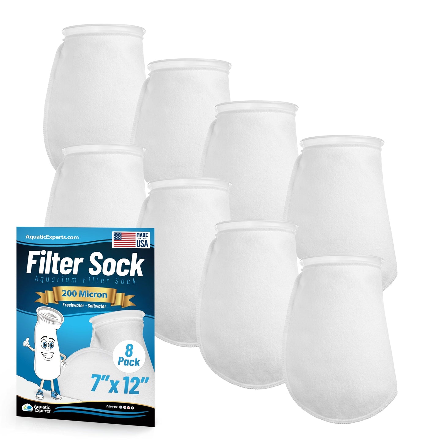 Aquatic Experts 7" Ring Aquarium Filter Sock 200 Micron for Saltwater & Reef Aquariums 12" 8 Pack Aquatic Experts
