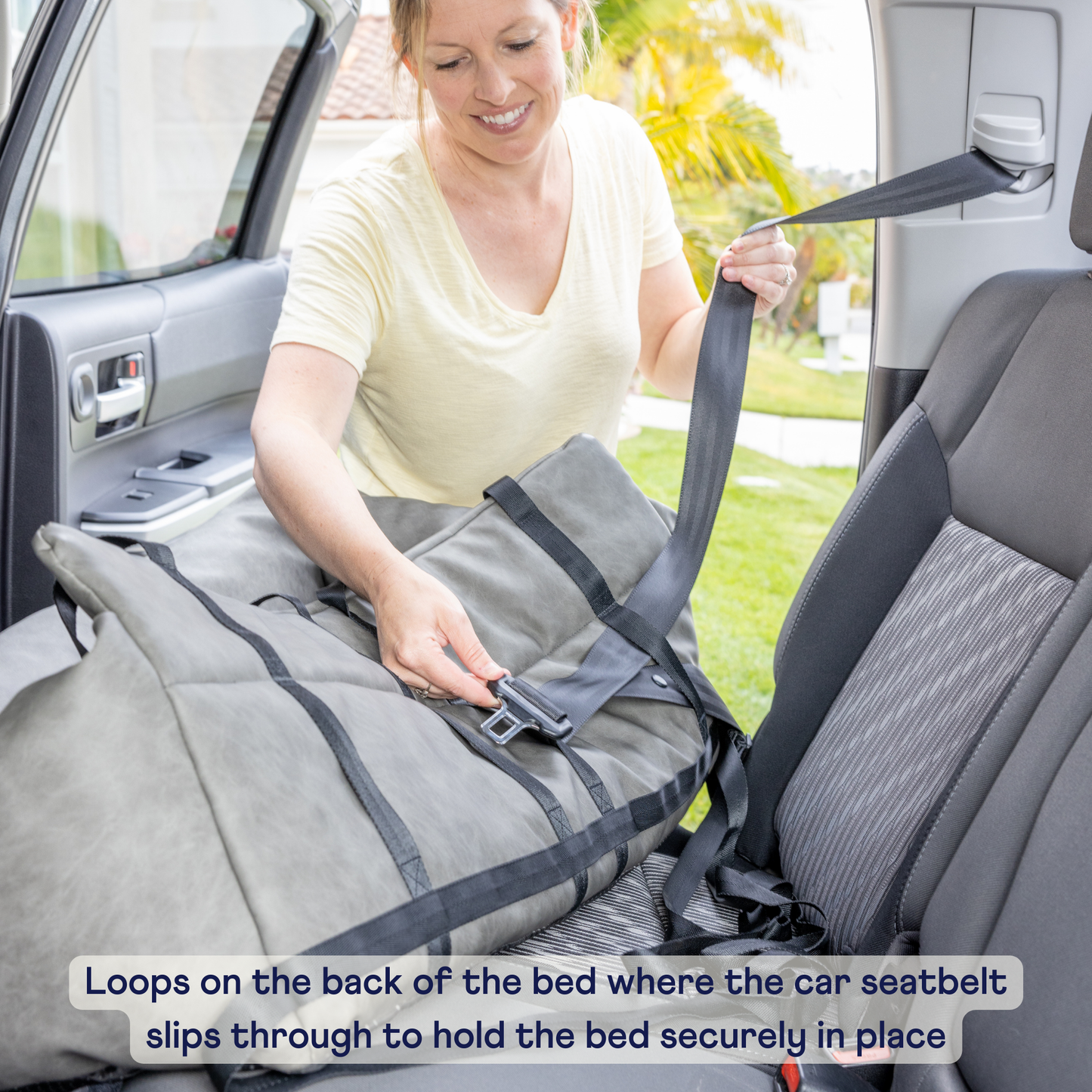PupProtector™ Faux Cool-to-Touch Vegan Leather Memory Foam Dog Car Bed - Slate Gray Travel Paw.com