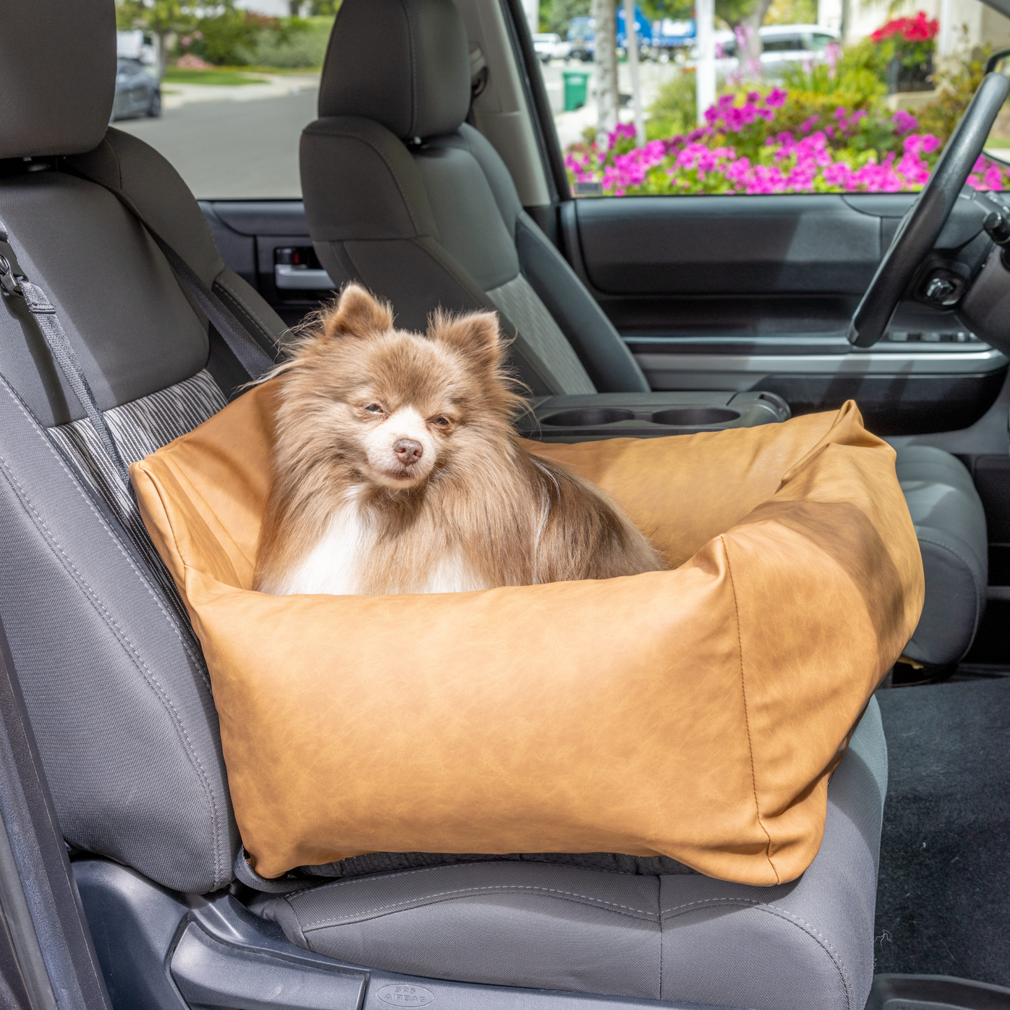 PupProtector™ Faux Cool-to-Touch Vegan Leather Memory Foam Dog Car Bed - Camel Single Seat (22" x 16" x 13") Travel Paw.com