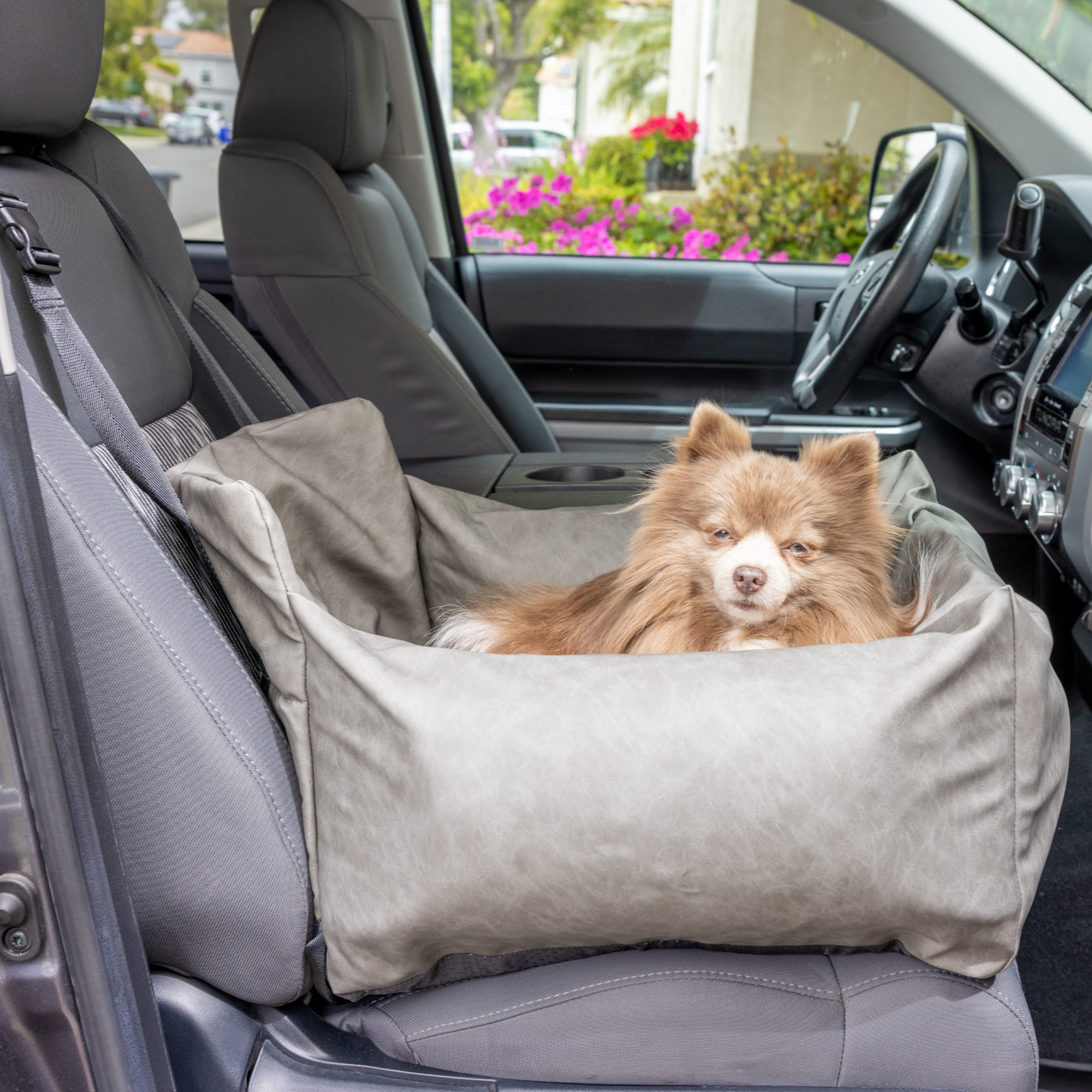 PupProtector™ Faux Cool-to-Touch Vegan Leather Memory Foam Dog Car Bed - Slate Gray Single Seat (22" x 16" x 13") Travel Paw.com