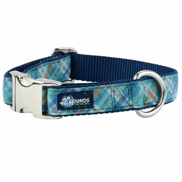 Blue Plaid Velvet Essential Dog Collar 1 inch wide 2 Hounds Design