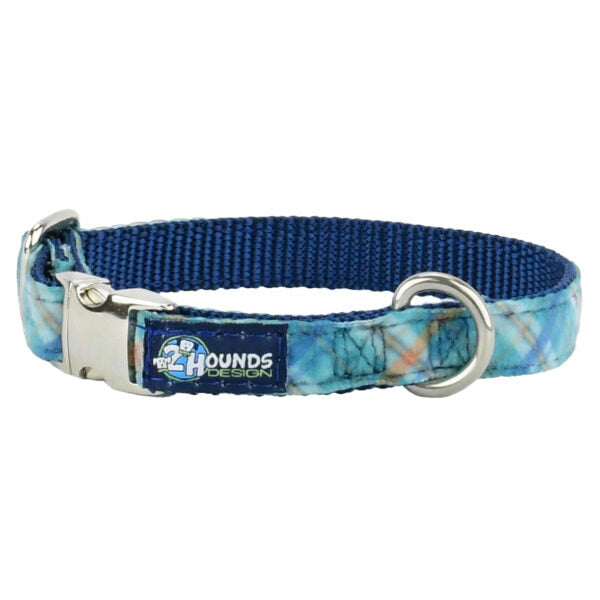 Blue Plaid Velvet Essential Dog Collar 5 8 inch wide 2 Hounds Design