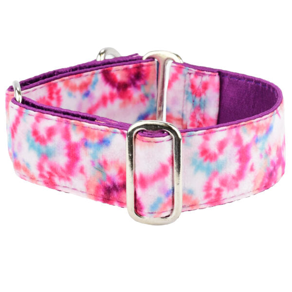 Pink Tie-Dye Elite Velvet Martingale Dog Collar 1.5 inch wide 2 Hounds Design
