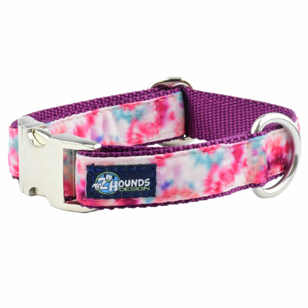 Pink Tie-Dye Velvet Essential Dog Collar 1 inch wide 2 Hounds Design