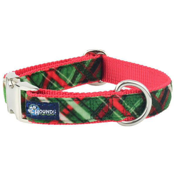 Christmas Plaid Green Velvet Essential Buckle Martingale Dog Collar (1″ Only) 2 Hounds Design