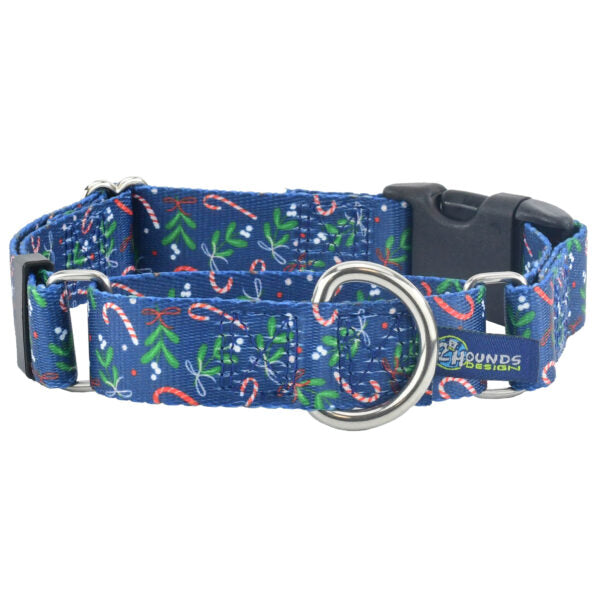 Kiss The Dog Christmas Holiday Buckle Martingale Dog Collar – EarthStyle 1 inch 2 Hounds Design