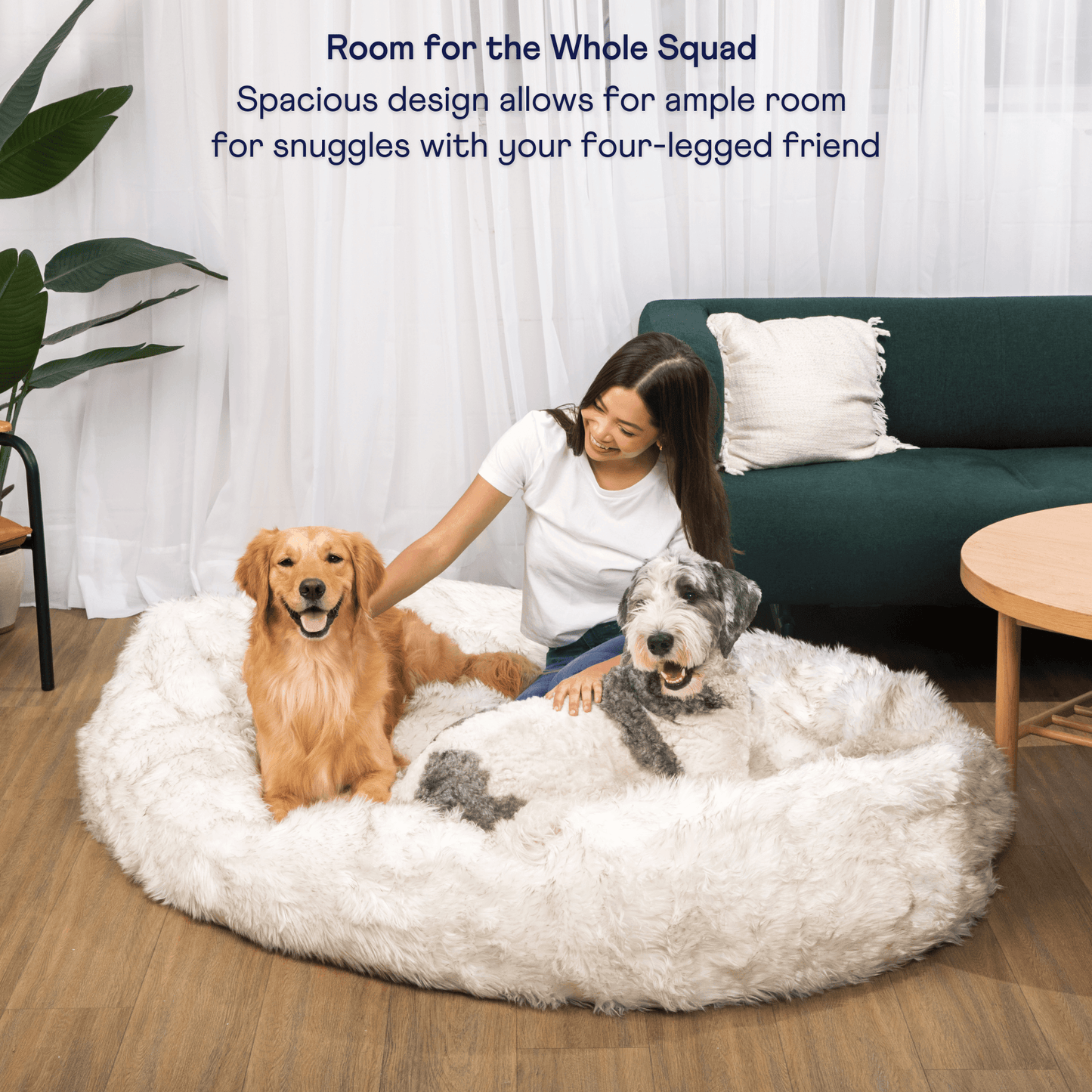 PupCloud™ Human-Size Faux Fur Memory Foam Dog Bed - White with Brown Accents Paw