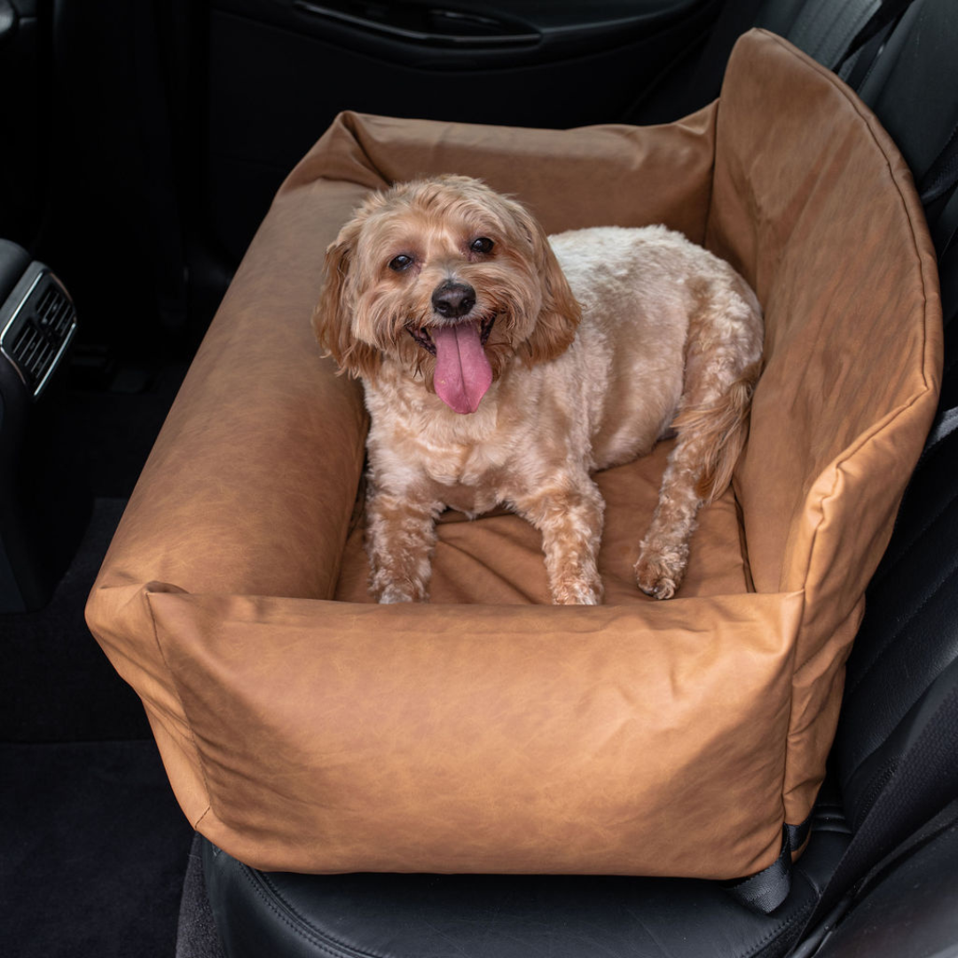 PupProtector™ Faux Cool-to-Touch Vegan Leather Memory Foam Dog Car Bed - Camel Travel Paw.com