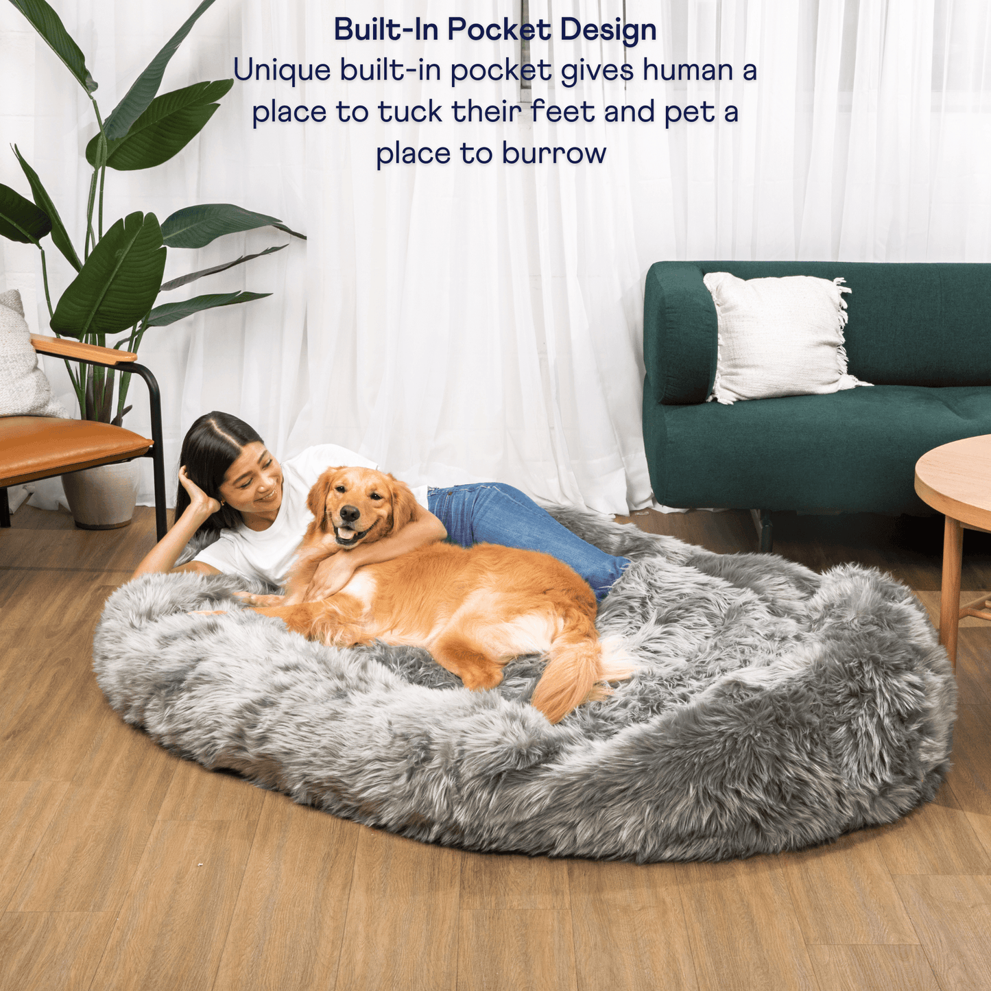 PupCloud™ Human-Size Faux Fur Memory Foam Dog Bed - Charcoal Grey Paw