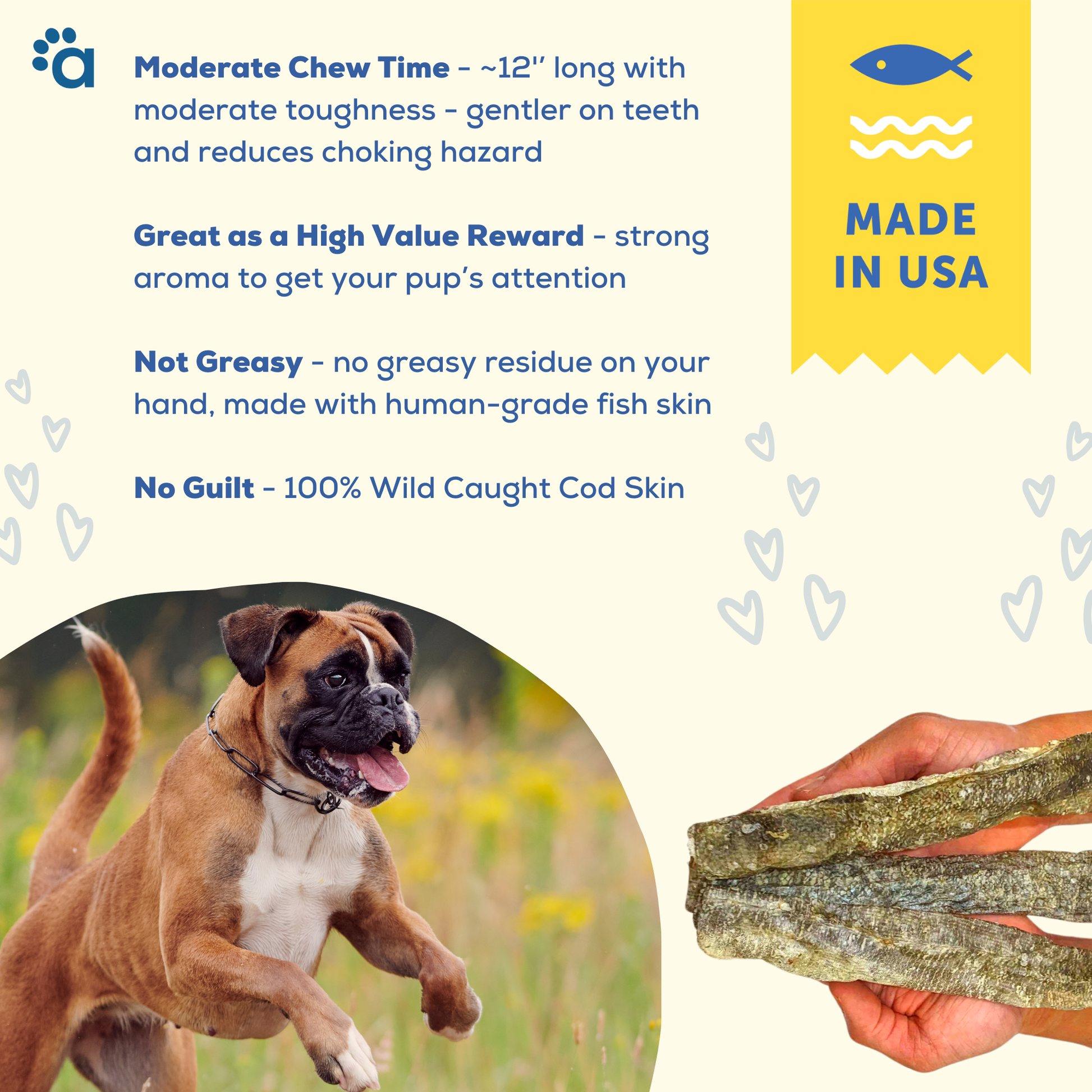 Wild Caught Cod Skin Chews- Natural Alternative to Rawhides - Long Lasting Dog Treats A Better Treat