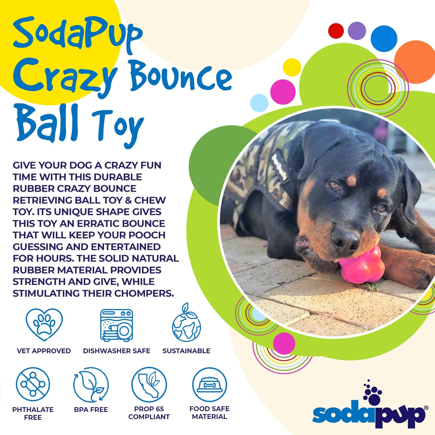 Crazy Bounce Rubber Dog Chew Toy for Power Chewers | Retrieving Ball | USA Made Rubber Dog Toys SodaPup/True Dogs, LLC