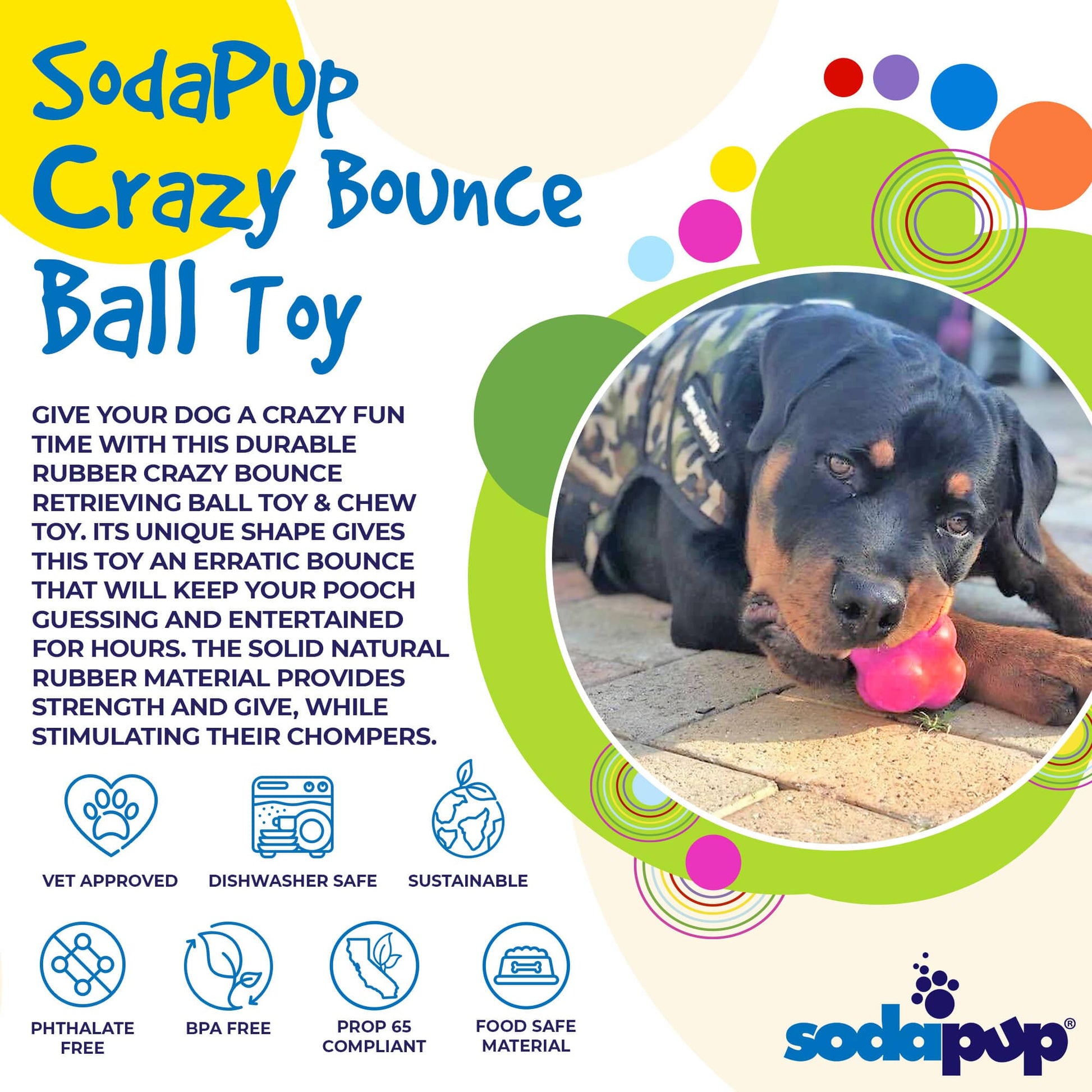 Crazy Bounce Rubber Dog Chew Toy for Power Chewers | Retrieving Ball | USA Made Rubber Dog Toys SodaPup/True Dogs, LLC