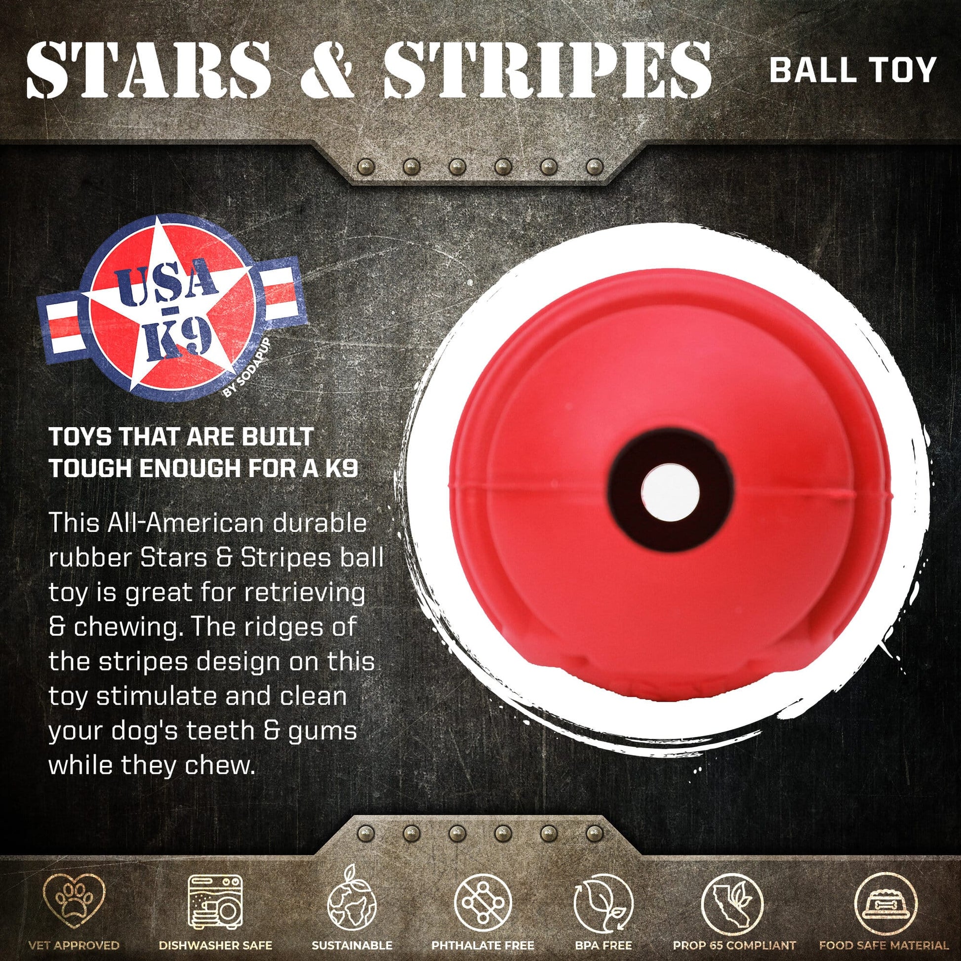 USA-K9 Stars and Stripes Rubber Dog Toy | K9 Handler Reward Toy | Red | USA Made Rubber Dog Toys SodaPup/True Dogs, LLC