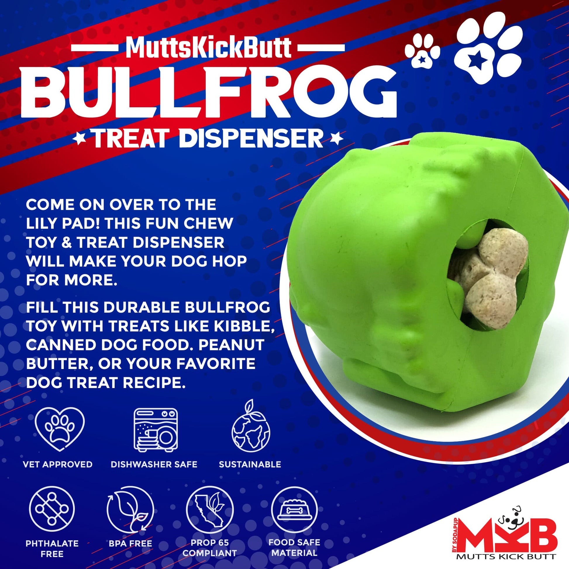 Bull Frog Dog Chew Toy & Treat Dispenser - USA Made | SodaPup Rubber Dog Toys SodaPup/True Dogs, LLC