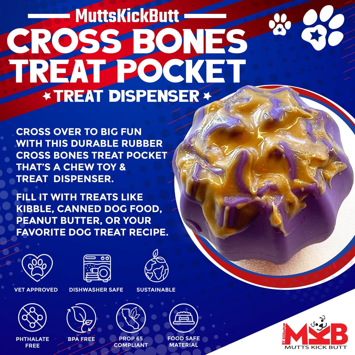 Cross Bones Bully Stick Holder &amp; Chew Toy for Heavy Chewers | Purple | USA Made Rubber Dog Toys SodaPup/True Dogs, LLC
