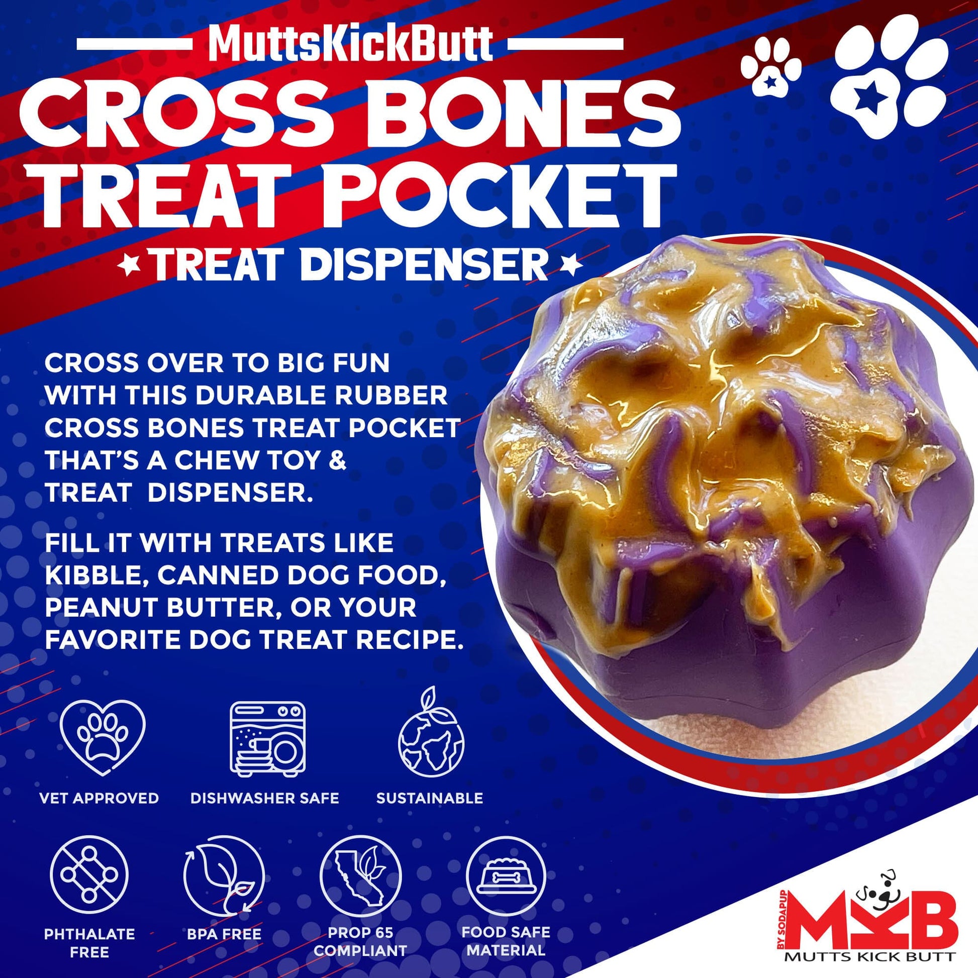 Cross Bones Bully Stick Holder &amp; Chew Toy for Heavy Chewers | Purple | USA Made Rubber Dog Toys SodaPup/True Dogs, LLC