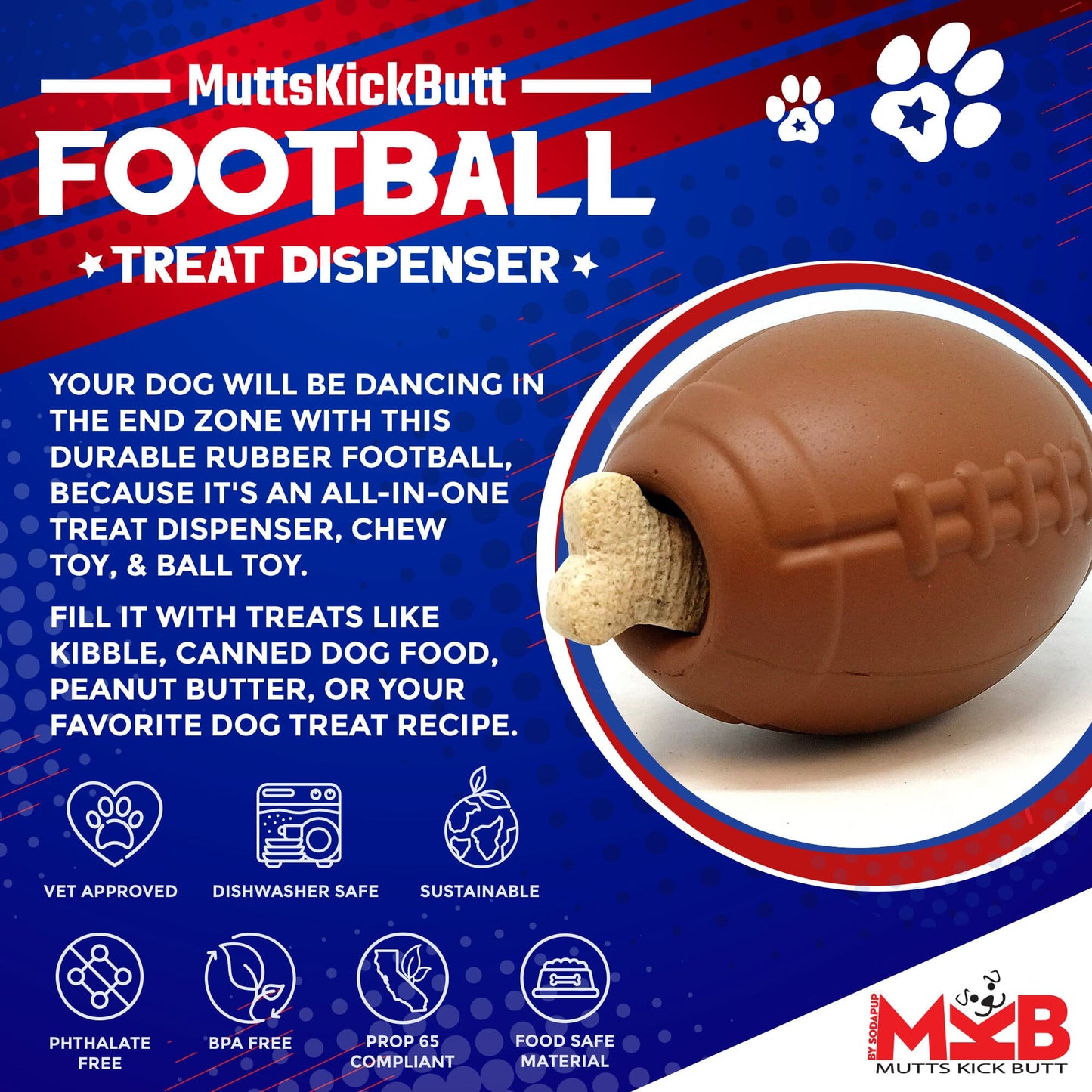 Football Dog Chew Toy & Treat Dispenser - USA Made | SodaPup Rubber Dog Toys SodaPup/True Dogs, LLC