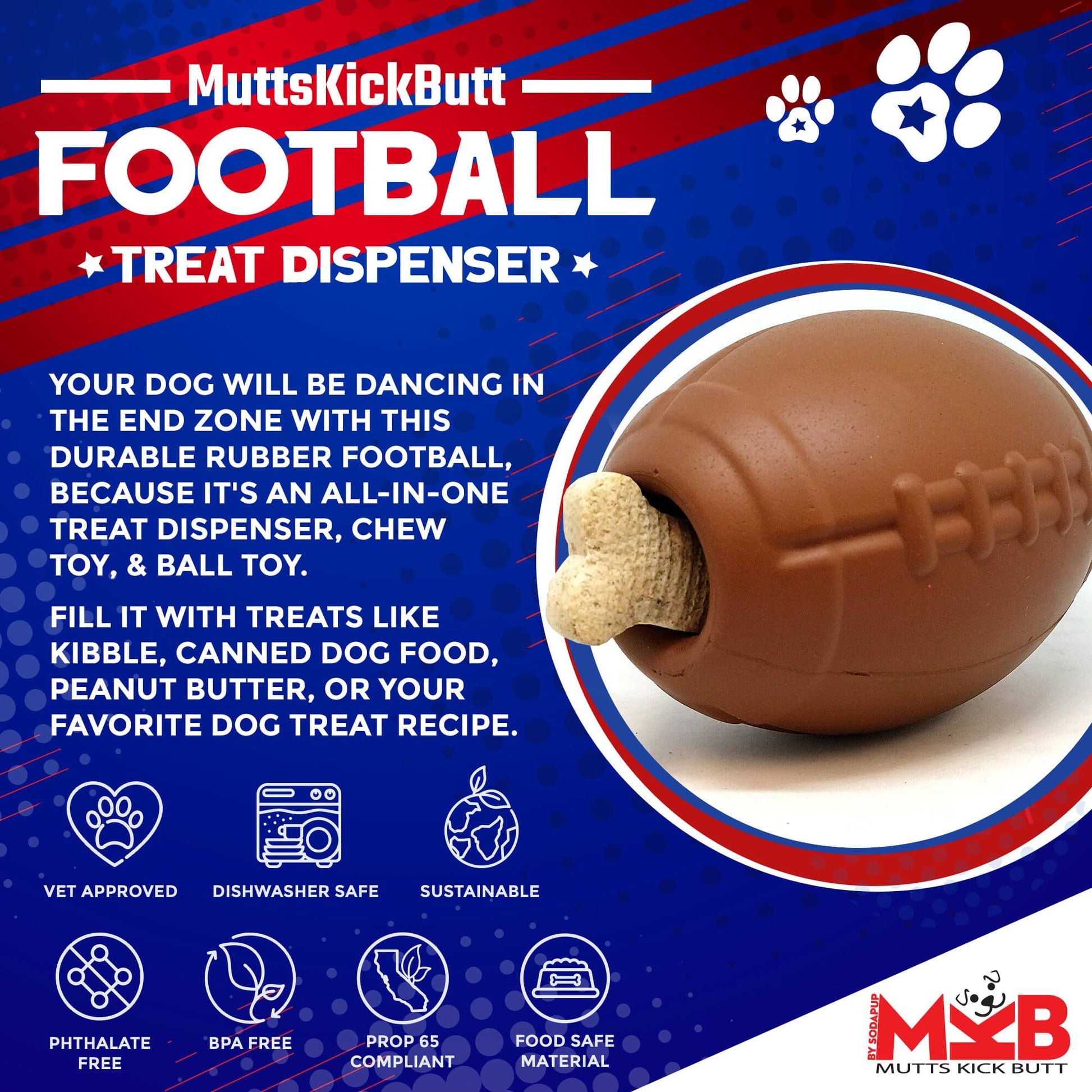 Football Dog Chew Toy & Treat Dispenser - USA Made | SodaPup Rubber Dog Toys SodaPup/True Dogs, LLC