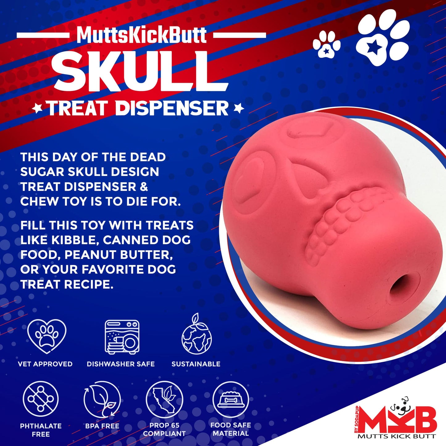 Sugar Skull Dog Chew Toy & Treat Dispenser - USA Made | SodaPup Rubber Dog Toys SodaPup/True Dogs, LLC