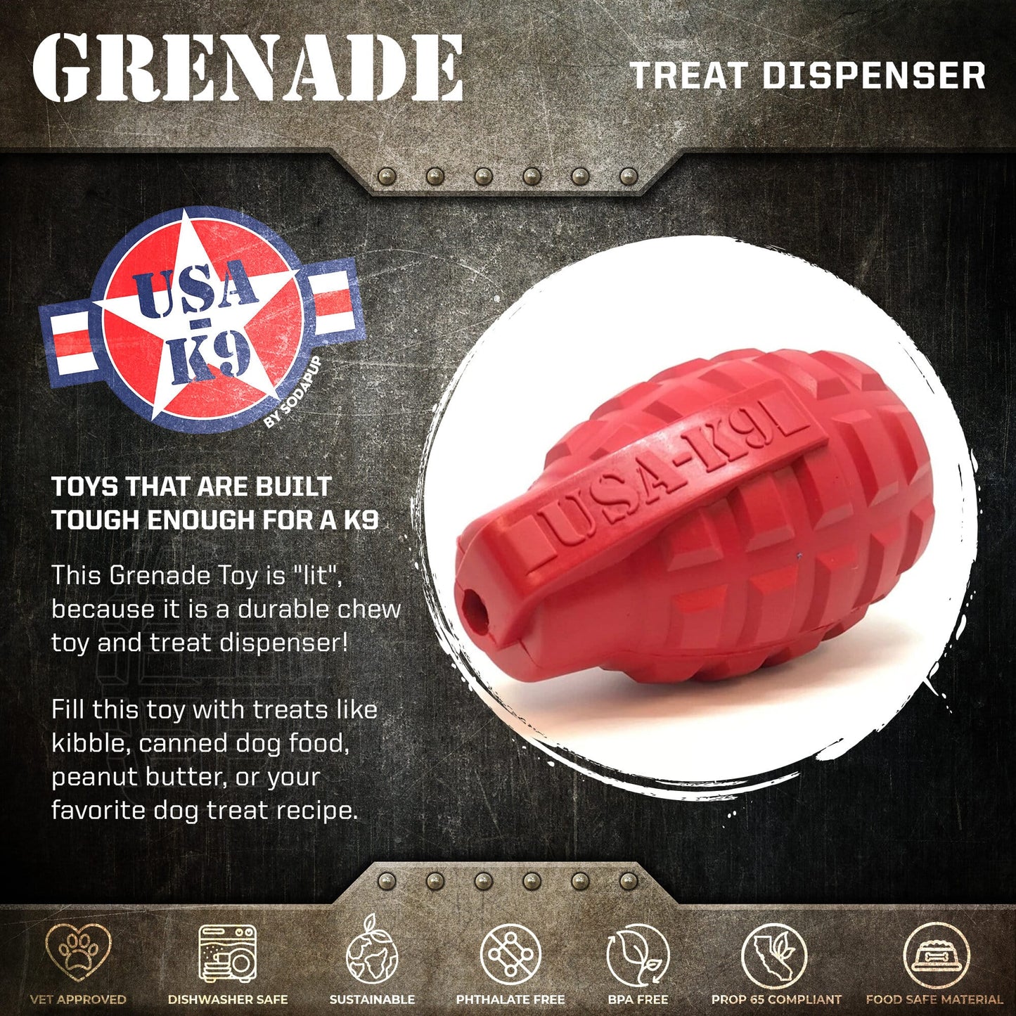 USA-K9 Grenade Rubber Dog Chew Toy | K9 Handler eDispenser Toy | Red & Blue | USA Made Rubber Dog Toys SodaPup/True Dogs, LLC