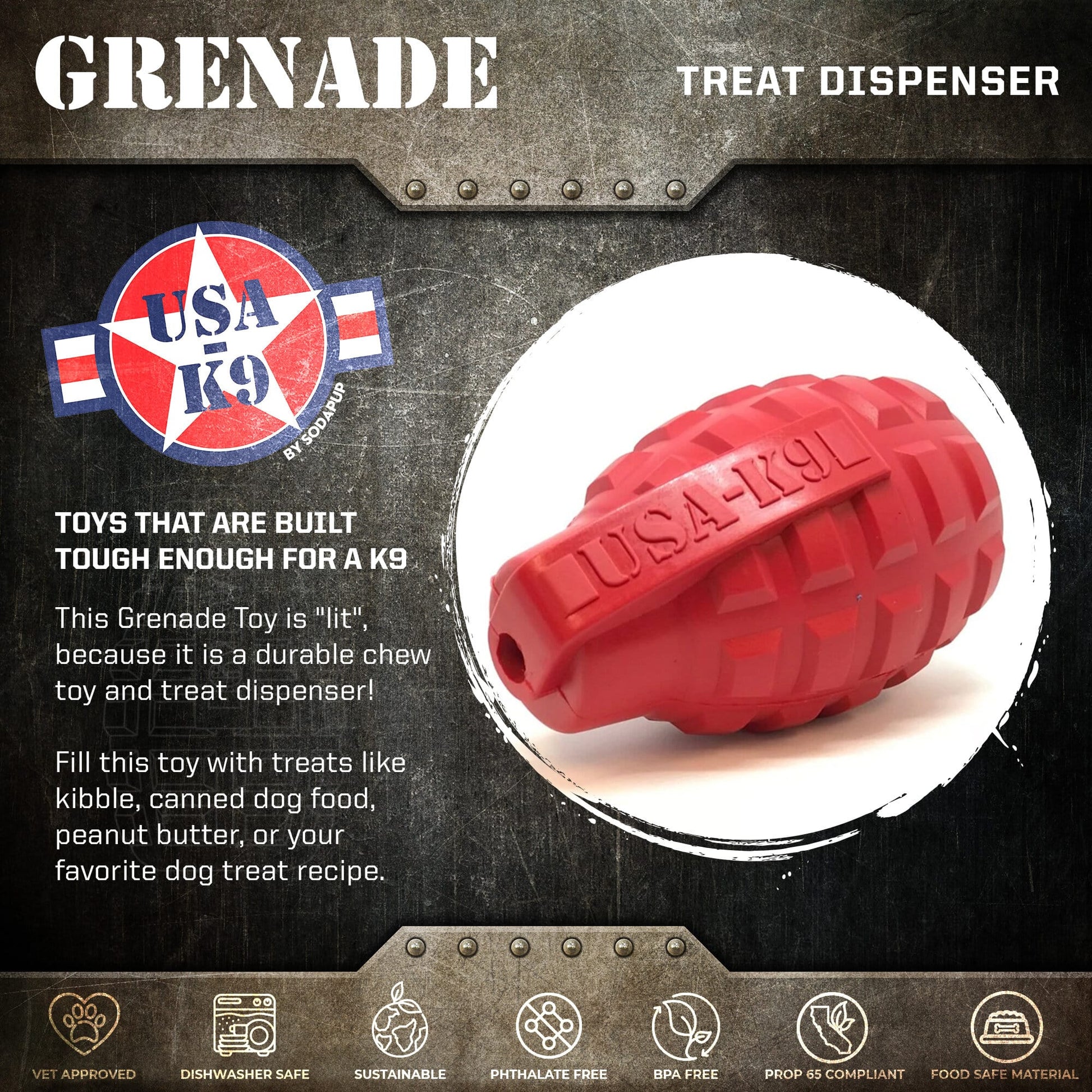USA-K9 Grenade Rubber Dog Chew Toy | K9 Handler eDispenser Toy | Red & Blue | USA Made Rubber Dog Toys SodaPup/True Dogs, LLC