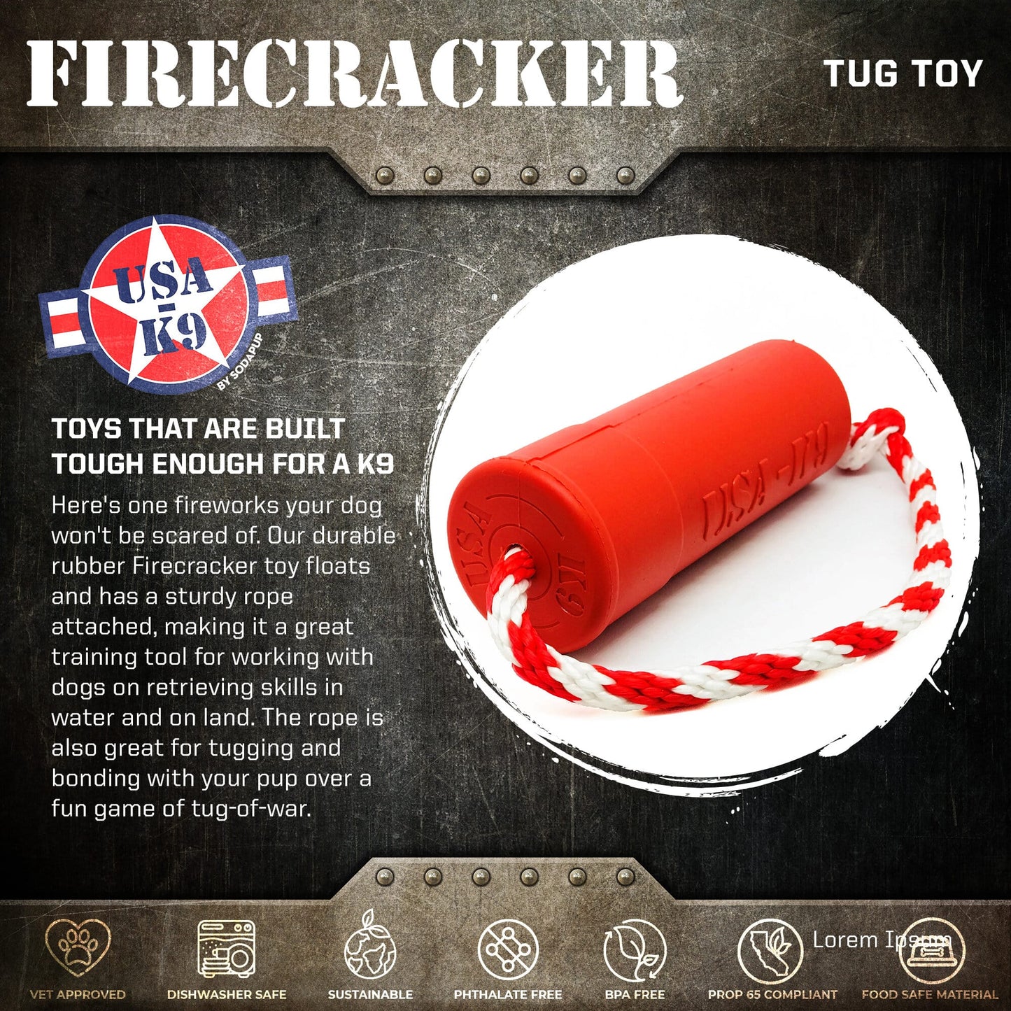 USA-K9 Firecracker Floating Training Dummy | K9 Handler Reward Toy | Red | USA Made Rubber Dog Toys SodaPup/True Dogs, LLC