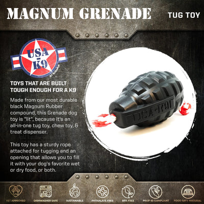 USA-K9 Magnum Grenade - Black Magnum Rubber Chew Toy for Extreme Chewers | USA Made Rubber Dog Toys SodaPup/True Dogs, LLC