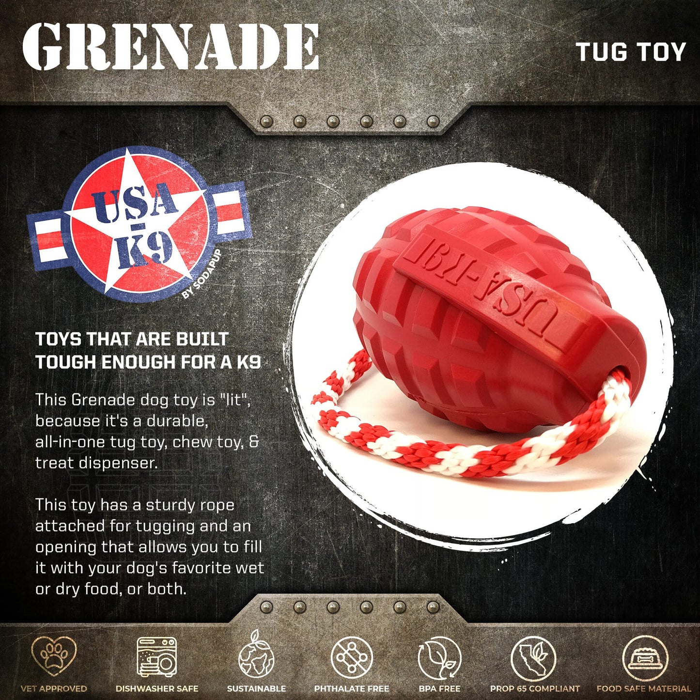 USA-K9 Grenade Rubber Dog Chew Toy | K9 Handler Reward Toy | Blue | USA Made Rubber Dog Toys SodaPup/True Dogs, LLC
